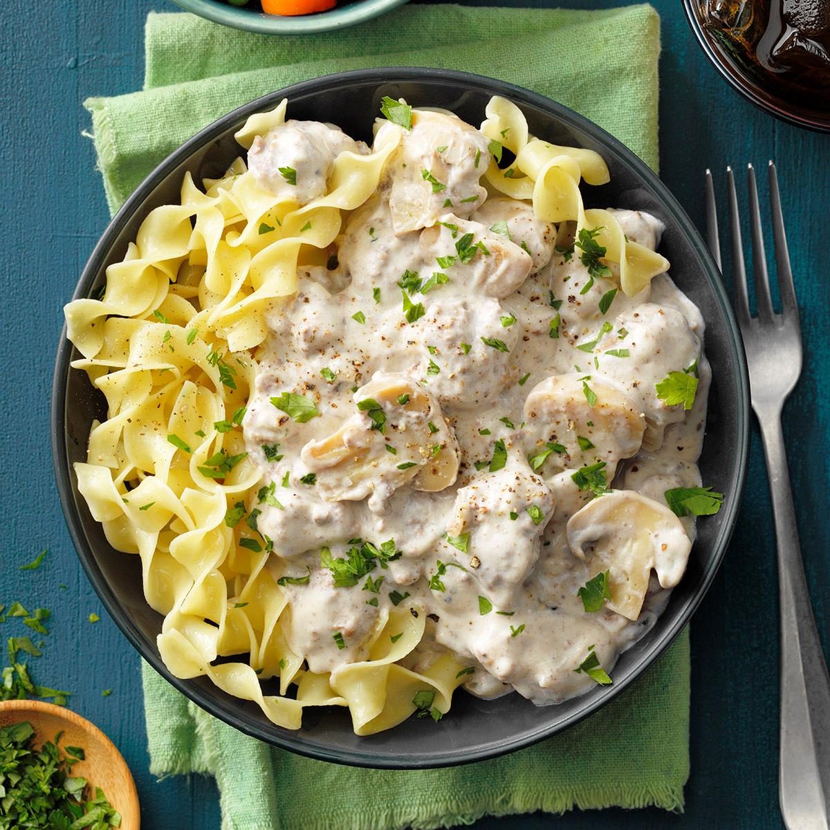 <p>This easy ground beef stroganoff makes a quick weeknight dinner. I like to serve it with a side salad for a complete meal. —Deb Helmer, Lynden, Washington</p> <div class="listicle-page__buttons"> <div class="listicle-page__cta-button"><a href='https://www.tasteofhome.com/recipes/hamburger-stroganoff/'>Go to Recipe</a></div> </div>