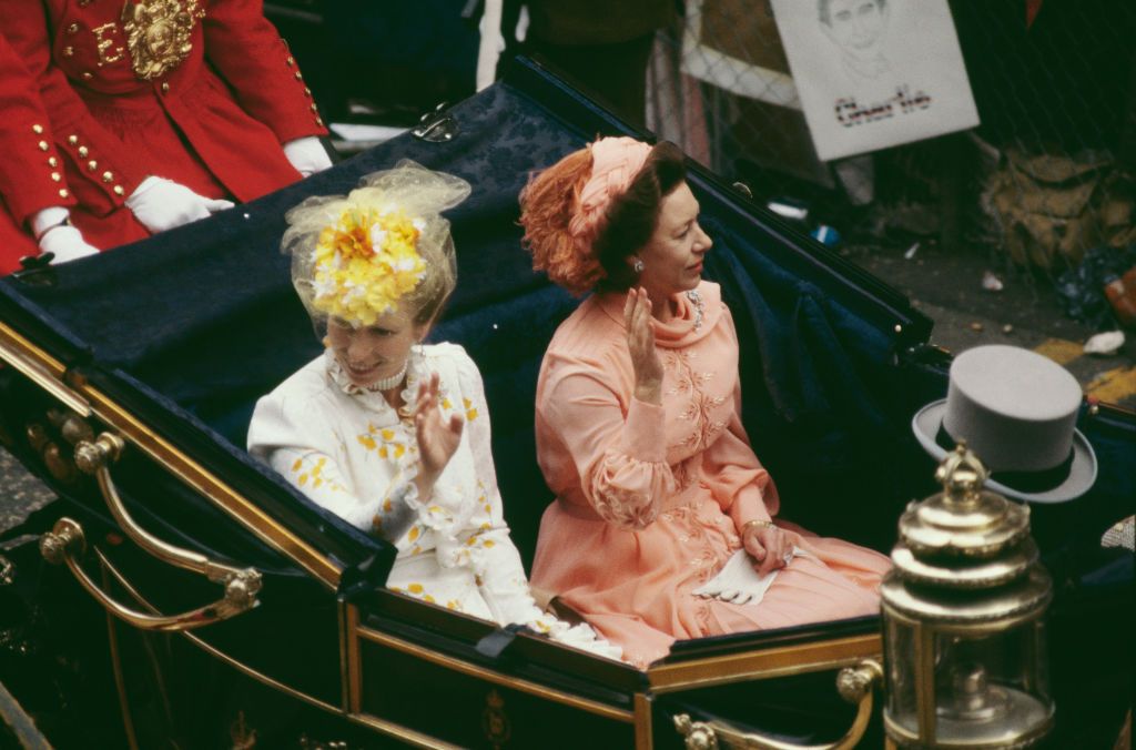 <p>Two of the most stylish royals, Princess Anne and Princess Margaret, arrived first and did not disappoint. Those colors! Those coordinating fascinators! Just wow.</p>
