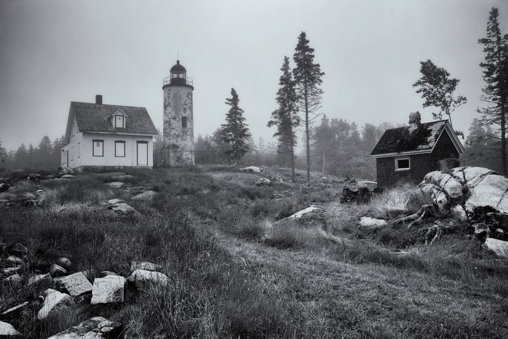 <p>Since Acadia National Park is located on the coast of Maine, you're going to see many attractions that reflect that. This is Baker Island Lighthouse, captured in black and white on an already gray day.</p>