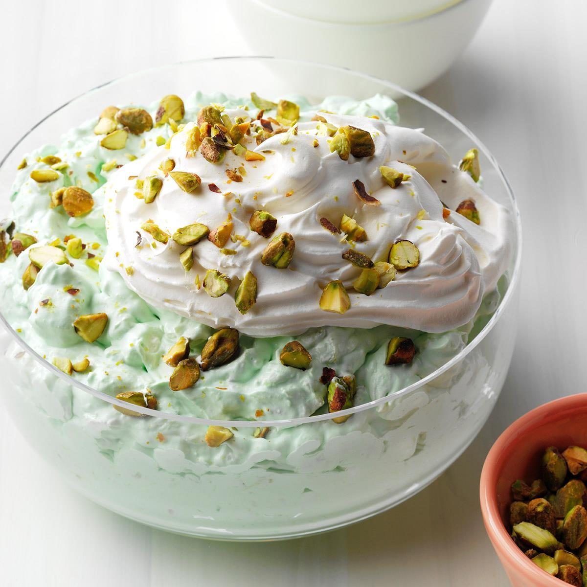 <p>This fluffy pistachio salad is a real treat since it's creamy but not overly sweet. It's easy to mix up, and the flavor gets better the longer it stands. —Pattie Ann Forssberg, Logan, Kansas</p> <div class="listicle-page__buttons"> <div class="listicle-page__cta-button"><a href='https://www.tasteofhome.com/recipes/pistachio-mallow-salad/'>Go to Recipe</a></div> </div>