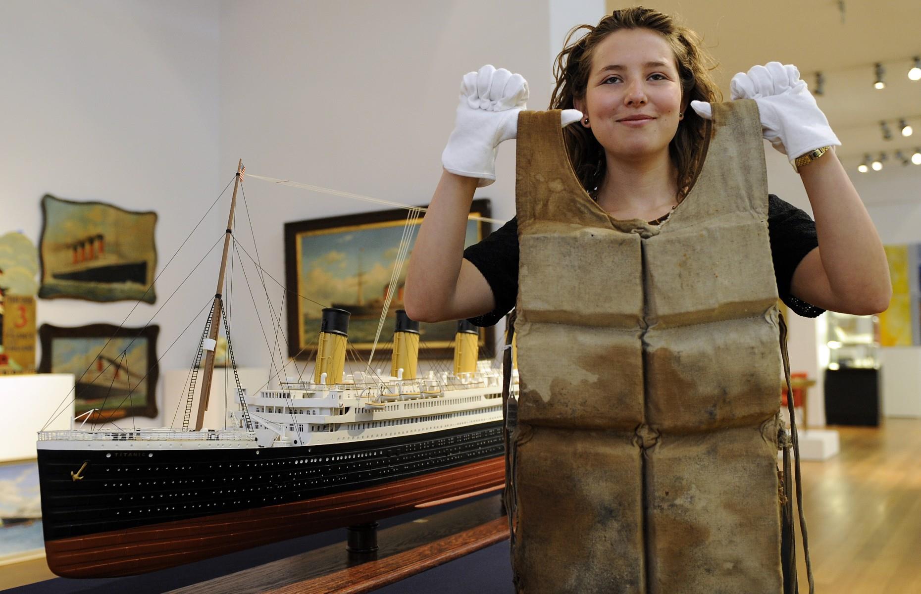 <p>There were around 3,500 lifejackets onboard the Titanic, all stuffed with cork as was typical of floatation devices at the time. The impractical filling was so solid that many survivors and victims of the disaster were found with broken jaws as a result of the impact of jumping into the water. This jacket is believed to have been found by a farmer on the shoreline of Halifax, Newfoundland in 1912 and appeared to be unused as the shoulder straps were still in place. One of just six known to exist, it sold for $68,500 at auction in 2008.</p>