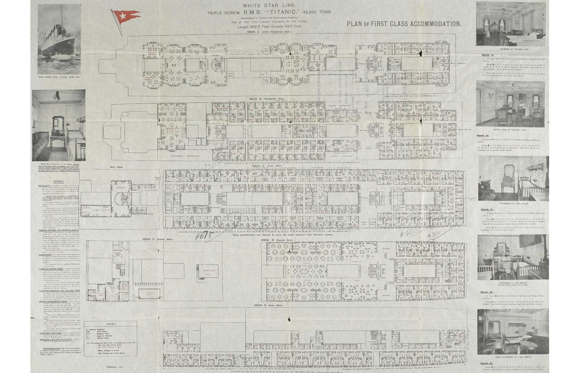 <p>On boarding the RMS Titanic, the wealthiest 324 passengers were given a deck plan to help them navigate their way around the ship. The plan pictured had belonged to wealthy American couple Ida and Isidor Straus, and is believed to be one of only three left in existence. Mr and Mrs Straus died side by side onboard the Titanic, as Ida refused a place on a lifeboat in order to stay with her husband. At the time he was the owner of the Macy’s department store in New York. The couple’s maid Ellen Bird survived, and with her survived the deck plan. Bird kept hold of the fragile document until her death in 1949, and in 2011 it sold at auction for £30,000 ($48.8k). The same buyer also bought a photo of Mr Straus for £17,000 ($27.7k).</p>