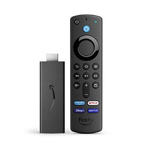 a speaker next to a remote control: Fire TV Stick with Alexa Voice Remote (includes TV controls) | HD streaming device