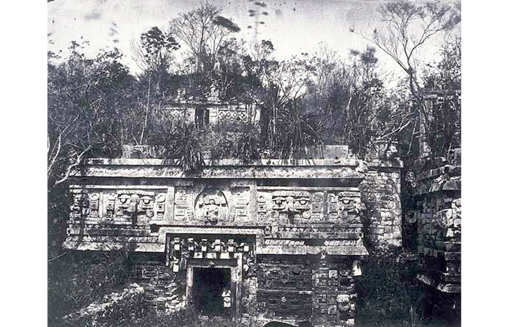 Slide 24 of 41: You might be familiar with images of Chichén Itzá – an ancient Maya city known for landmarks like the grand, stepped pyramid of El Castillo. But this photograph, taken circa 1859–1860, shows the famous archaeological site in a rather different state. The city was once home to tens of thousands of people, flourishing around AD 600, when it was a political and commercial heartland of Maya civilisation. Yet it began to decline before the Spanish conquest. It's pictured here ruined and covered with vegetation in the mid-19th century.