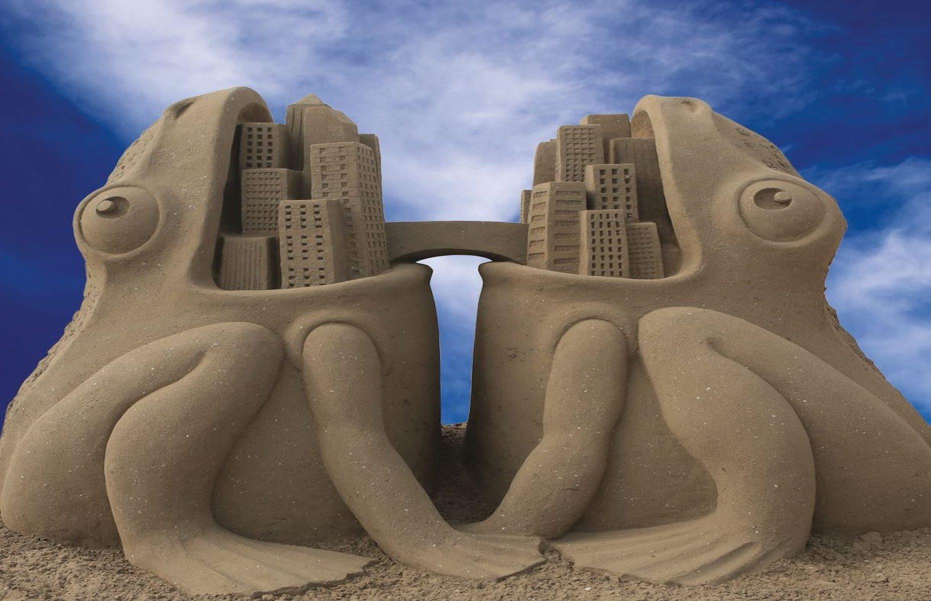 <p>The capital of the UK’s sand art scene has to be the North Somerset seaside town of Weston-super-Mare, which started hosting an annual sand sculpture festival in 2006. Each year's event has a different theme with a public vote to decide the winning artwork. This was the 2017 winner, created by Edith van de Wetering under the theme Topsy Turvy. Titled Your Place Or Mine, the sand artwork shows two frogs with cities in their mouths and a tongue bridge connecting them. The festival has been postponed for the last two summers.</p>