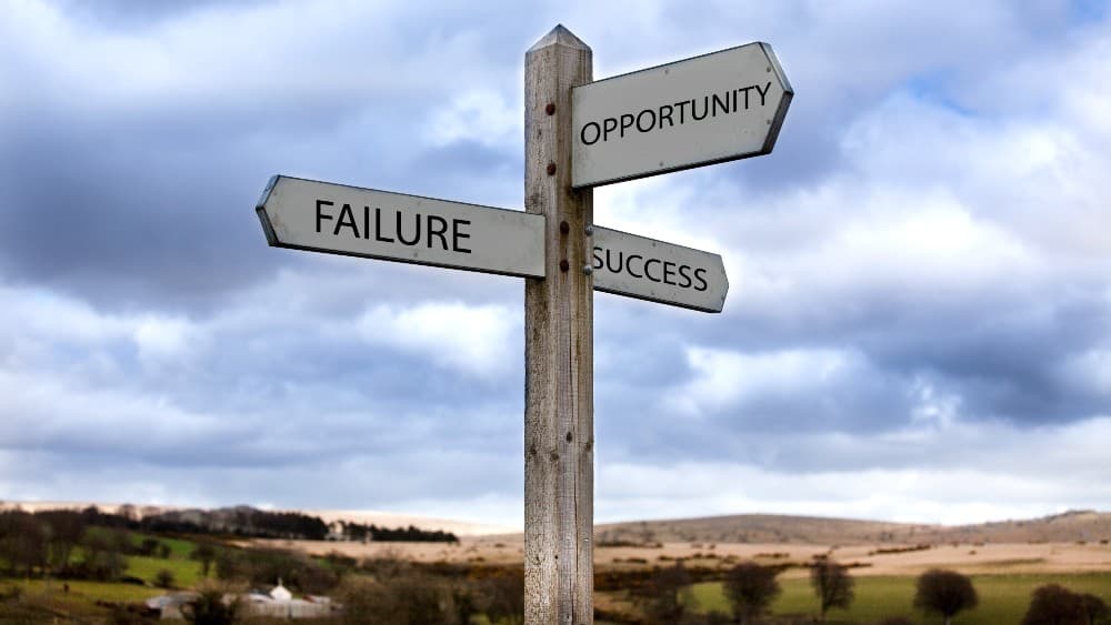 a close up of a street sign on a wooden pole: Make a choice, path to success, sign