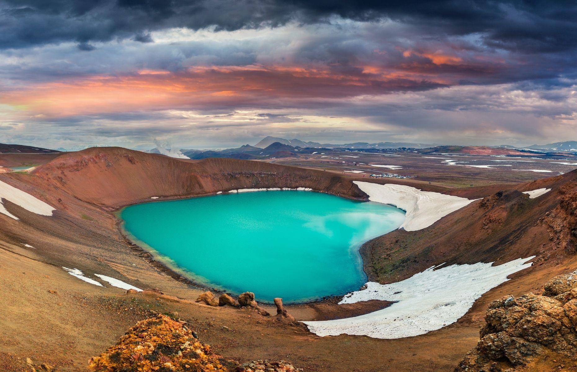 <p>During your Diamond Circle adventures, be sure to take the time to soak up the majesty of <a href="https://guidetoiceland.is/travel-iceland/drive/krafla">Krafla volcano</a> and Lake Víti. Located close to Lake Mývatn in north Iceland, this unusual landscape is home to a seven-mile (10km) wide crater filled with vibrant green water. Take a hike and marvel at more natural wonders while you're there, as you witness fascinating flora and a wealth of geological sites, including Dimmuborgir lava fortress, which formed during an eruption some 2,300 years ago.</p>