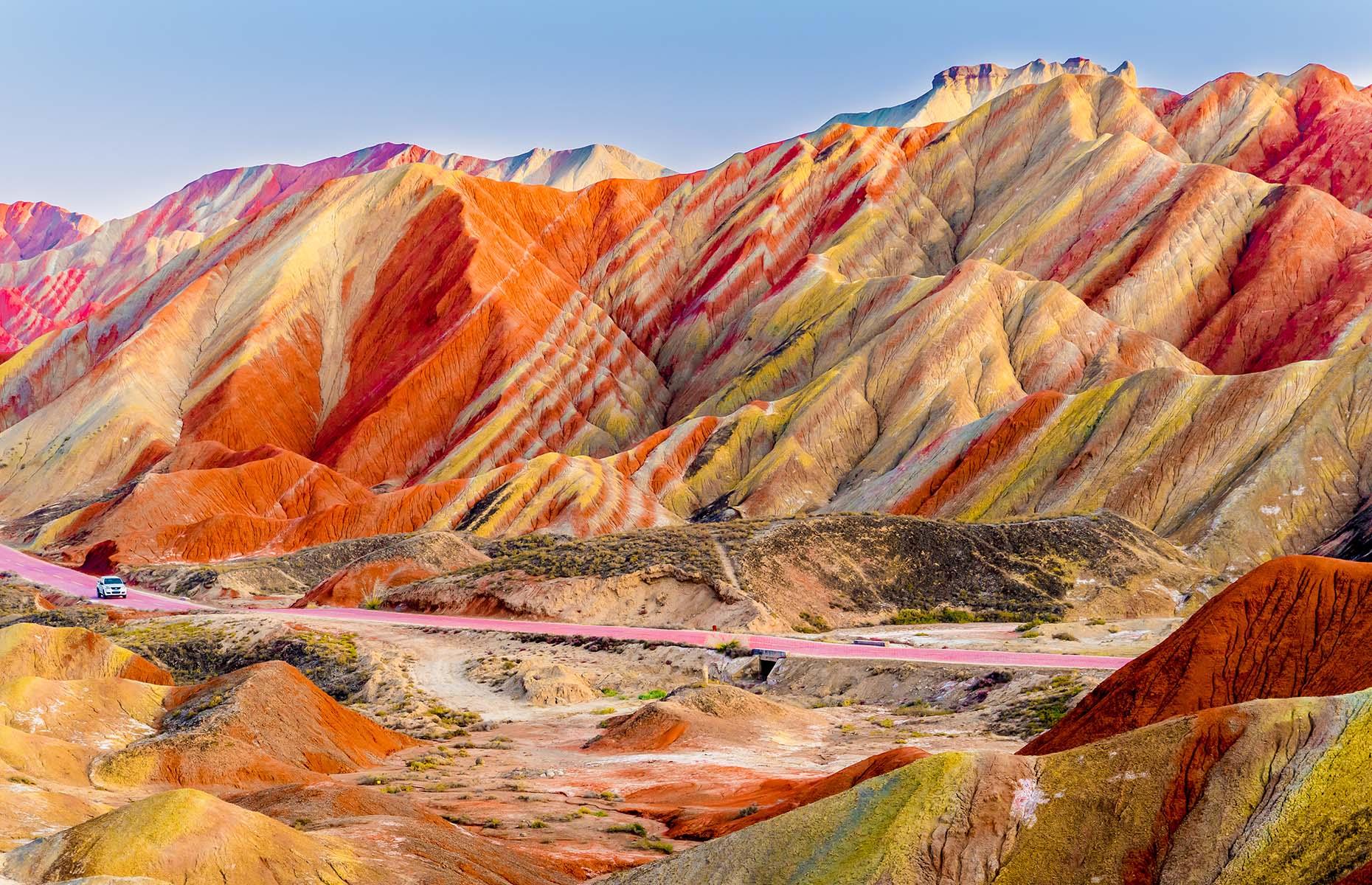 The rainbow-hued mountains in Zhangye National Geopark look just like an artist's paint palette. Part of an UNESCO World Heritage Site, this stunning formation was created by natural erosion, when layers of sand, silt, iron and minerals blended together to create a kaleidoscope of colours. The incredible park appears to have been decorated by Mother Nature herself.