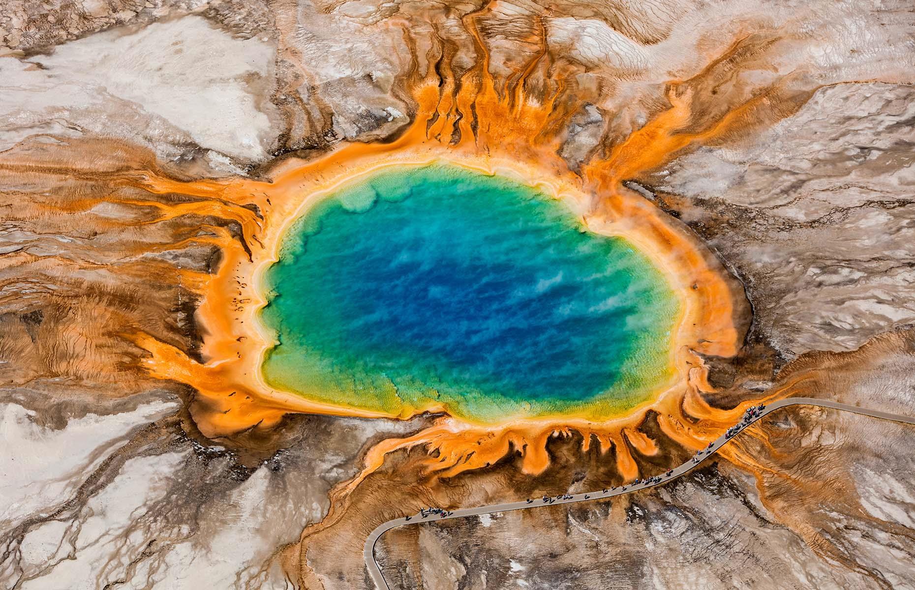 There's no way Yellowstone National Park's Grand Prismatic Spring could be left off this list. The vivid blue centre of the geyser is surrounded by bands of glorious colour, created by the heat-loving bacteria that live there. From above, the pool looks just like a surreal watercolour painting. With a depth of 164 feet (50m), the spring reaches temperatures of 70°C (160°F).