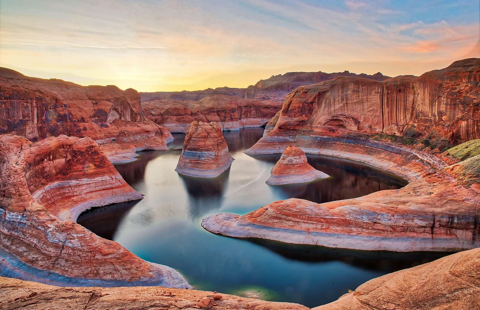 The state of Utah has a bounty of scenic vistas, from the jagged rocks of Bryce Canyon to the green peaks of Wasatch Mountain State Park up north. But one of the most impressive bird's-eye views is of Reflection Canyon, a dramatic rock formation in the Glen Canyon National Recreation Area. Here the remote canyon can be seen in all its glory.