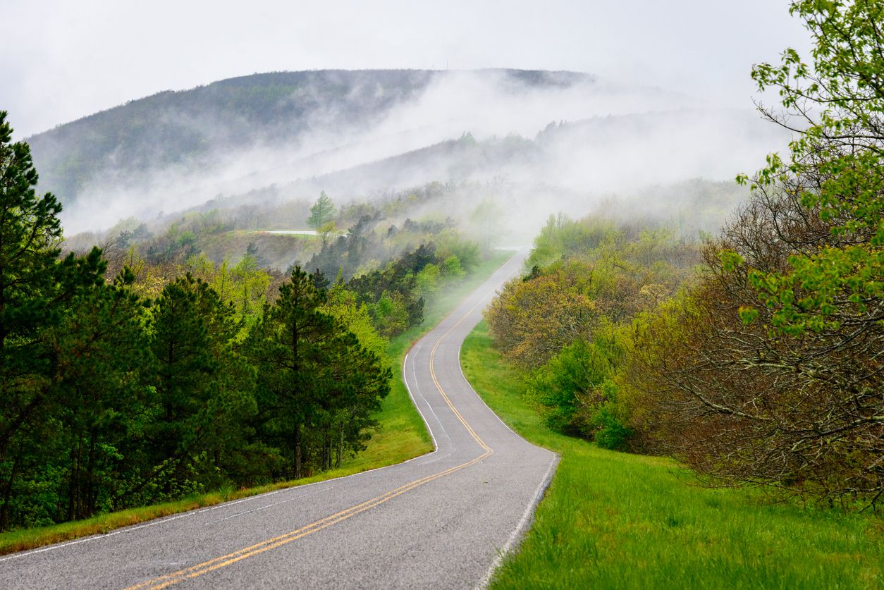 <p><b>Arkansas, Oklahoma</b><br> This peaceful 54-mile meander through southeast Oklahoma and western Arkansas crests at the highest point between the Appalachian and Rocky Mountains, offering visitors A-plus mountain vistas as far as the eye can see. Be on the lookout for the occasional black bear, roadrunner, and other wildlife as you pass through a number of state parks, national forests, and other wilderness areas. </p>