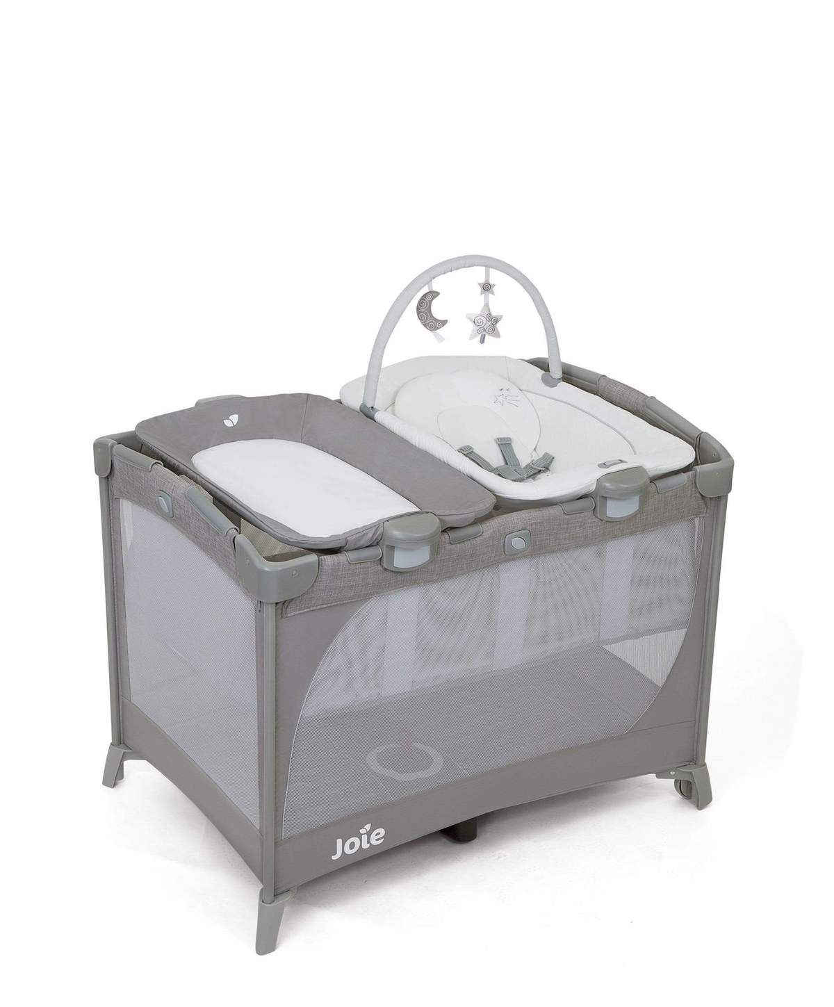 <p><strong>£165.00</strong></p><p><a href="https://www.mamasandpapas.com/products/joie-commuter-travel-cot-change-bounce-starry-night-599012b00">Shop Now</a></p><p>Weighing in at 12.3kg this travel cot sits at the bulkier end of the portable crib spectrum, so it's better suited to family holidays with access to a car boot than public transport. But once you have arrived at your villa/hotel and erected your temporary baby nest, the removable bassinet and vibrating bouncer complete with toy bar will make relaxing on holiday a breeze. Our panel of mum testers were impressed with how simple it was to assemble, plus integrated wheels made it easy to keep baby close by at nap times.</p><p><strong>Dimensions</strong>: 106cm x 70.5cm x 80cm</p><p><strong>Folded size</strong>: 79cm x w 25cm x h 21cm</p><p><strong>Weight</strong>: 12.3kg</p>