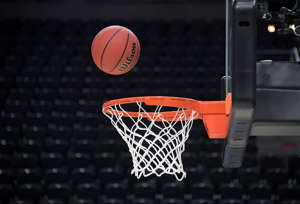 Mar 20, 2019; Salt Lake City, UT, USA; General overall view of a basketball approaching the rim and net before the first round of the 2019 NCAA Tournament at Vivint Smart Home Arena.