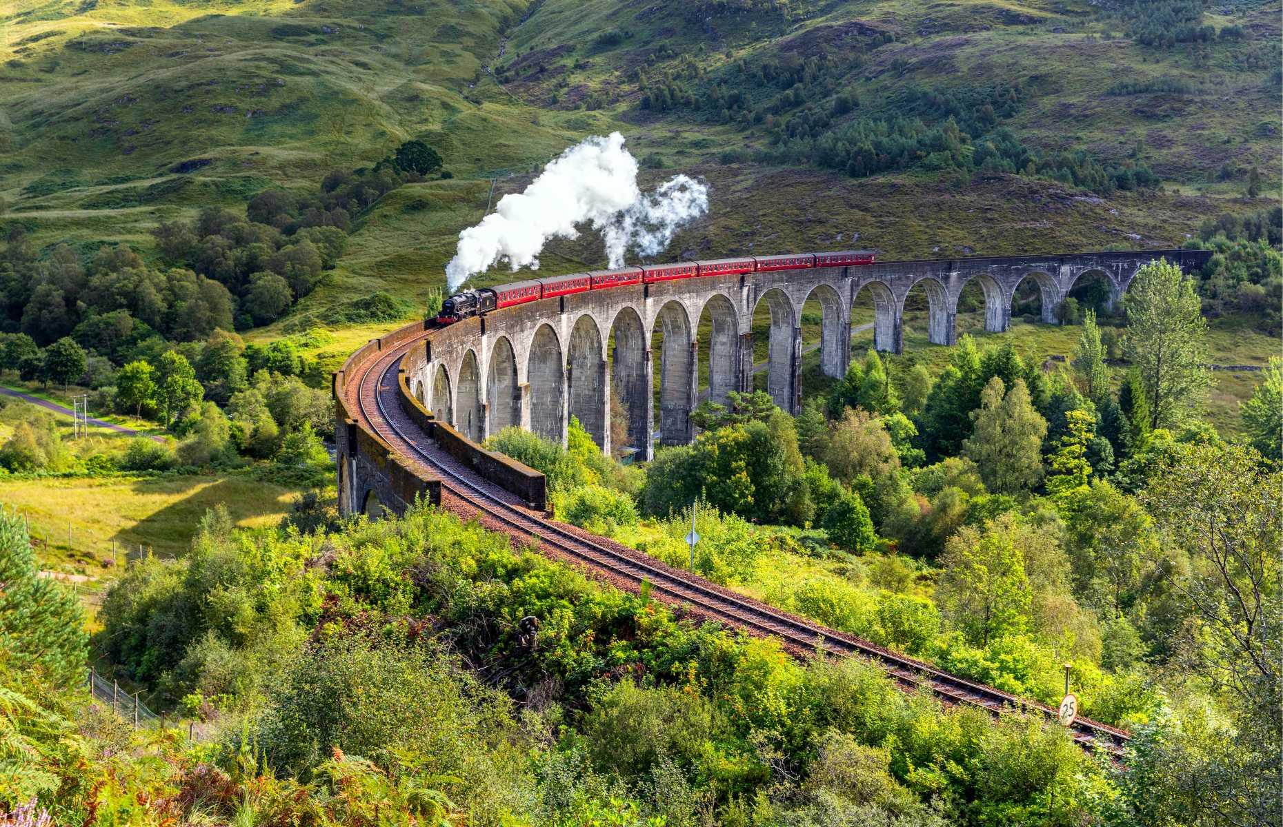 <p>Often considered one of the greatest railway journeys in the world, this <a href="https://westcoastrailways.co.uk/jacobite/steam-train-trip">84-mile (135km) round trip</a> takes passengers on the West Highland Line through some of Scotland’s most impressive attractions. The Jacobite steam train starts at Ben Nevis, Britain’s highest mountain, closely passing by the deepest loch and the shortest river in Britain, Loch Morar and River Morar, respectively. The train rounds off the incredible journey at Loch Nevis near the fishing port of Mallaig. Some may recognise the train carriages and the Glenfinnan Viaduct en route as the iconic Hogwarts Express from the <em>Harry Potter </em>films.</p>