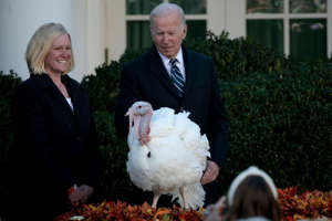 US President Joe Biden pardons Peanut Butter the turkey during the 74th annual Thanksgiving turkey pardoning in the Rose Garden of the White House on November 19, 2021 in Washington, DC.