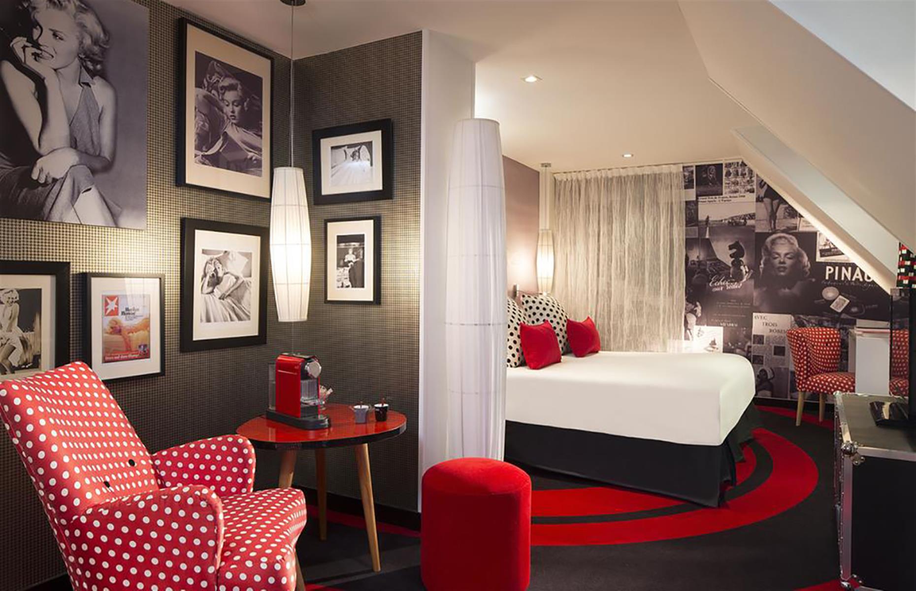 <p>A chic 1950s-themed hotel that pays homage to movie star Marilyn Monroe, the <a href="https://www.booking.com/hotel/fr/platine-hotel.en-gb.html" rel="nofollow” target=">Platine Hotel</a> in Paris blends modern amenities with retro dècor throughout. The Prestige double room is filled with pictures of Marilyn as well as polka dot patterns and the eye-catching black-white-red color scheme so popular in that era. </p>