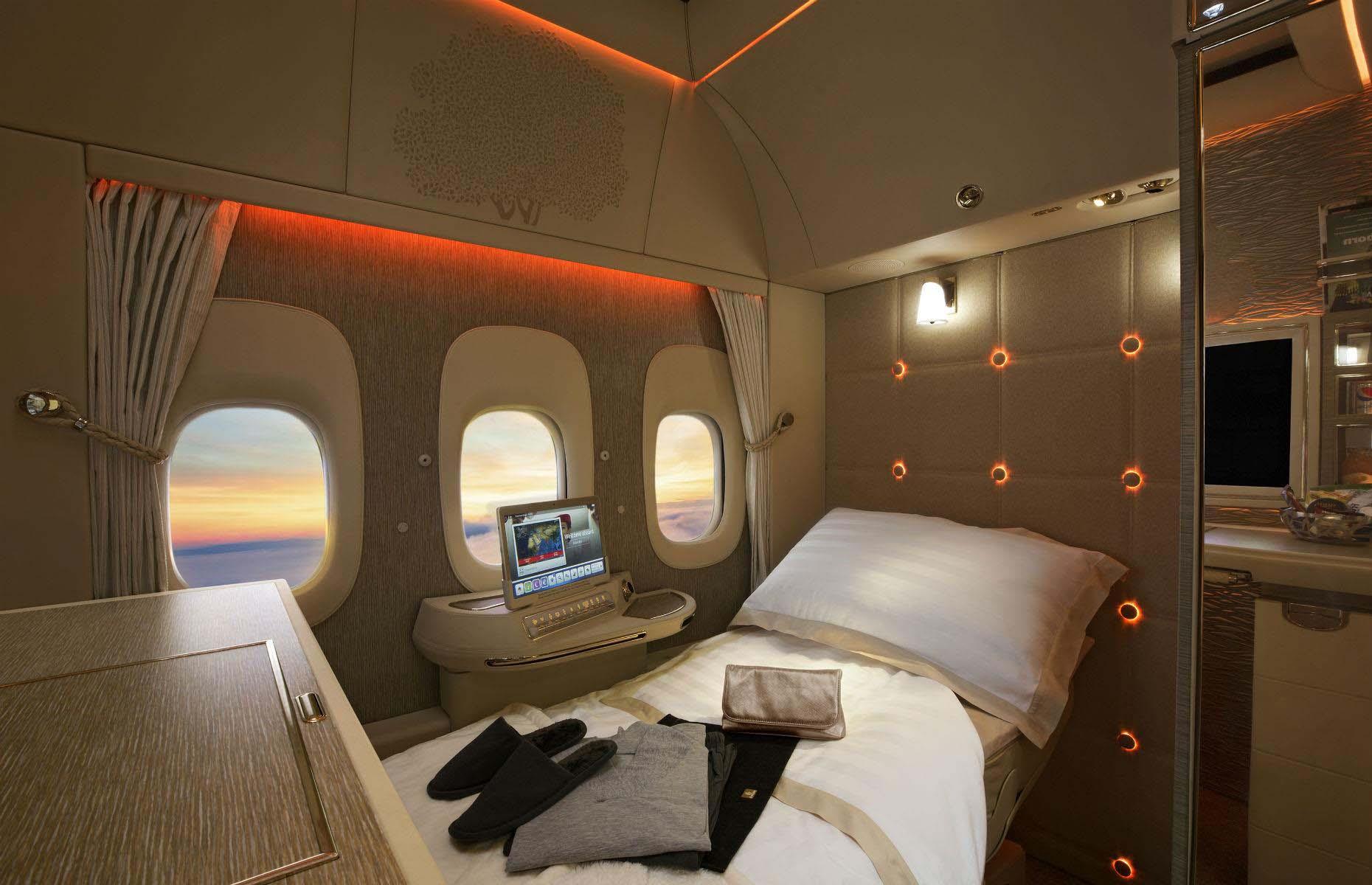 The A380's size makes it a much smoother flight for passengers. The plane has over 5,000 square feet (465sqm) of floor space and those lucky enough to travel in first class can expect full-on bedrooms, with plush mattresses and en suite toilets. The A380 is also the only plane in the world to have a working shower.