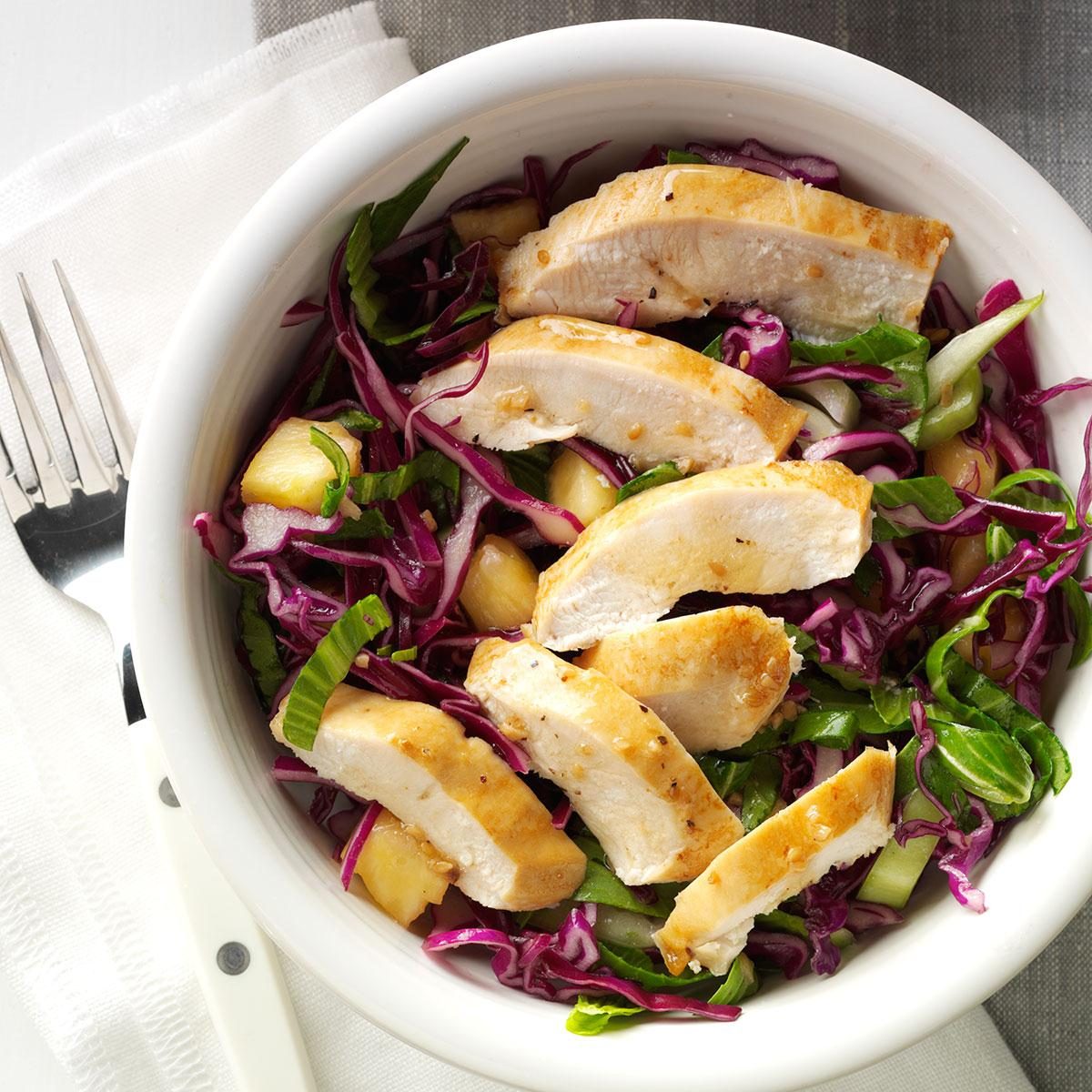 <p>This meal is always a hit, and it goes together so quickly. Sesame ginger salad dressing adds refreshing flavor to this pairing of broiled chicken and an exotic homemade coleslaw. —Melissa Jelinek, Apple Valley, Minnesota</p> <div class="listicle-page__buttons"> <div class="listicle-page__cta-button"><a href='https://www.tasteofhome.com/recipes/chicken-and-asian-slaw/'>Go to Recipe</a></div> </div>