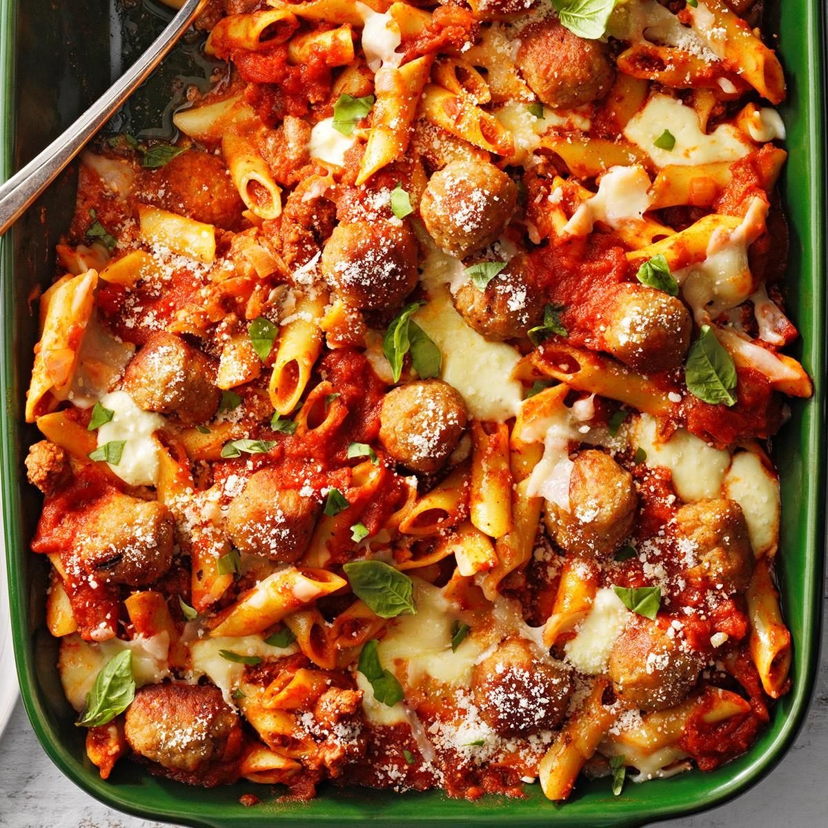 <p>When my husband travels for work, I make a special dinner for my kids to keep their minds off missing Daddy. This tasty mostaccioli is meatball magic. —Jennifer Gilbert, Brighton, Michigan</p> <div class="listicle-page__buttons"> <div class="listicle-page__cta-button"><a href='https://www.tasteofhome.com/recipes/three-cheese-meatball-mostaccioli/'>Go to Recipe</a></div> </div>