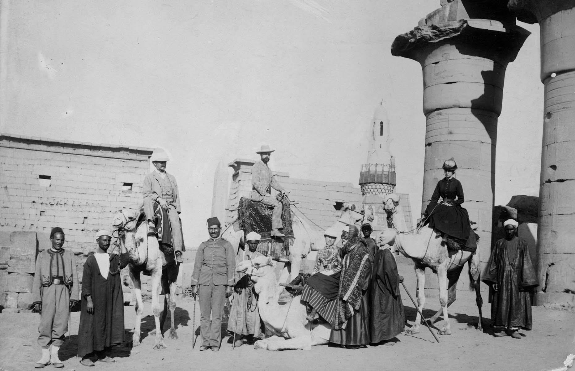 In the Victorian era, Egypt's enticing history and wealth of ancient monuments were particularly popular with wealthy travelers from Britain. Those with cash to spare (and often investments to check out) would journey to Egypt and embark on a grand tour of the country, exploring Cairo, Giza, Luxor and Aswan on a Nile cruise. Here a group of Victorian tourists and their guides are photographed at the Temple of Karnak in Luxor in 1870.