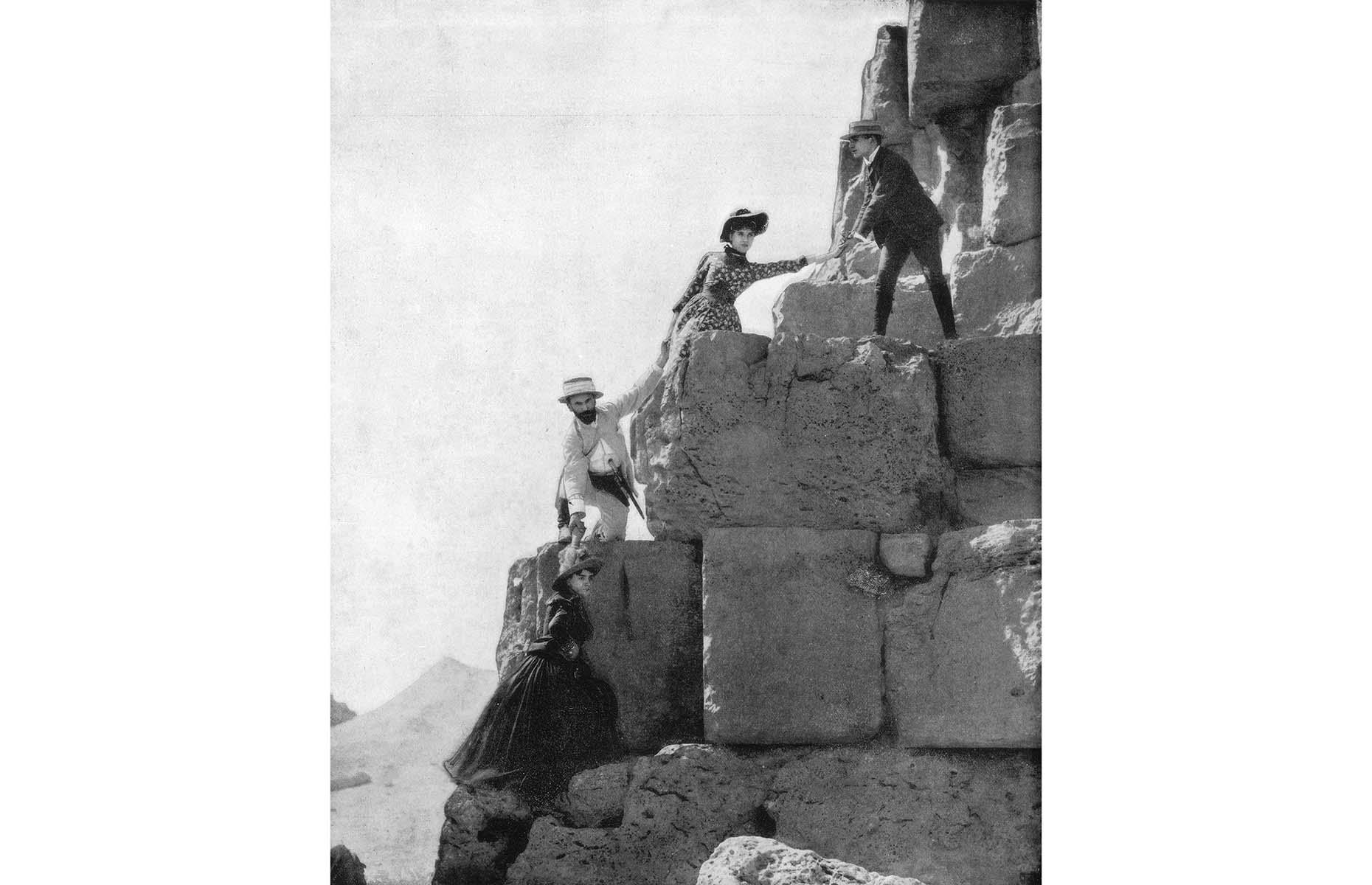 <p>At the time there were no rules protecting the ancient monuments so it wasn't unusual to see street vendors selling off mummies and various trinkets from the tombs. Sometimes visitors would even climb the pyramids, bringing a picnic with them and spending hours sunbathing or taking tea. Here a group of Victorian vacationers (circa 1899) are making their way up the Great Pyramid in Giza.</p>  <p><a href="http://bit.ly/3roL4wv"><strong>Love this? Follow our Facebook page for more travel inspiration</strong></a></p>