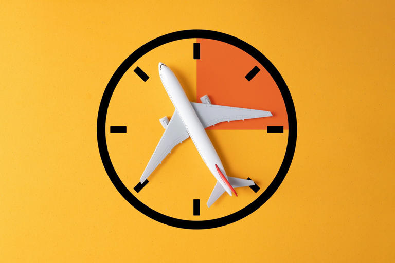 model toy airplane over a blank clock shape with a part of the clock darkened to indicate a limited or ideal time to book tickets