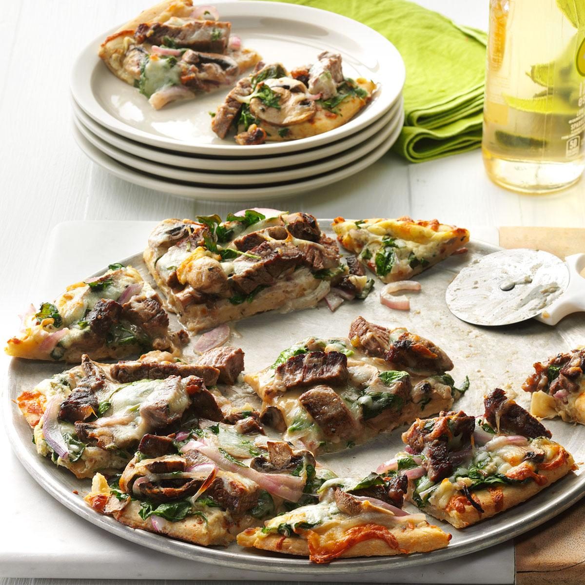 <h3>Start with 1 pound of precooked top sirloin steak</h3> <p>This pizza with leftover steak and veggies is for folks who like their pie with everything on top. And since it's ready in 30 minutes, it's perfect for busy weeknights. </p> <div class="listicle-page__buttons"> <div class="listicle-page__cta-button"><a href='https://www.tasteofhome.com/recipes/garlic-herb-steak-pizza/'>Go to Recipe</a></div> </div>