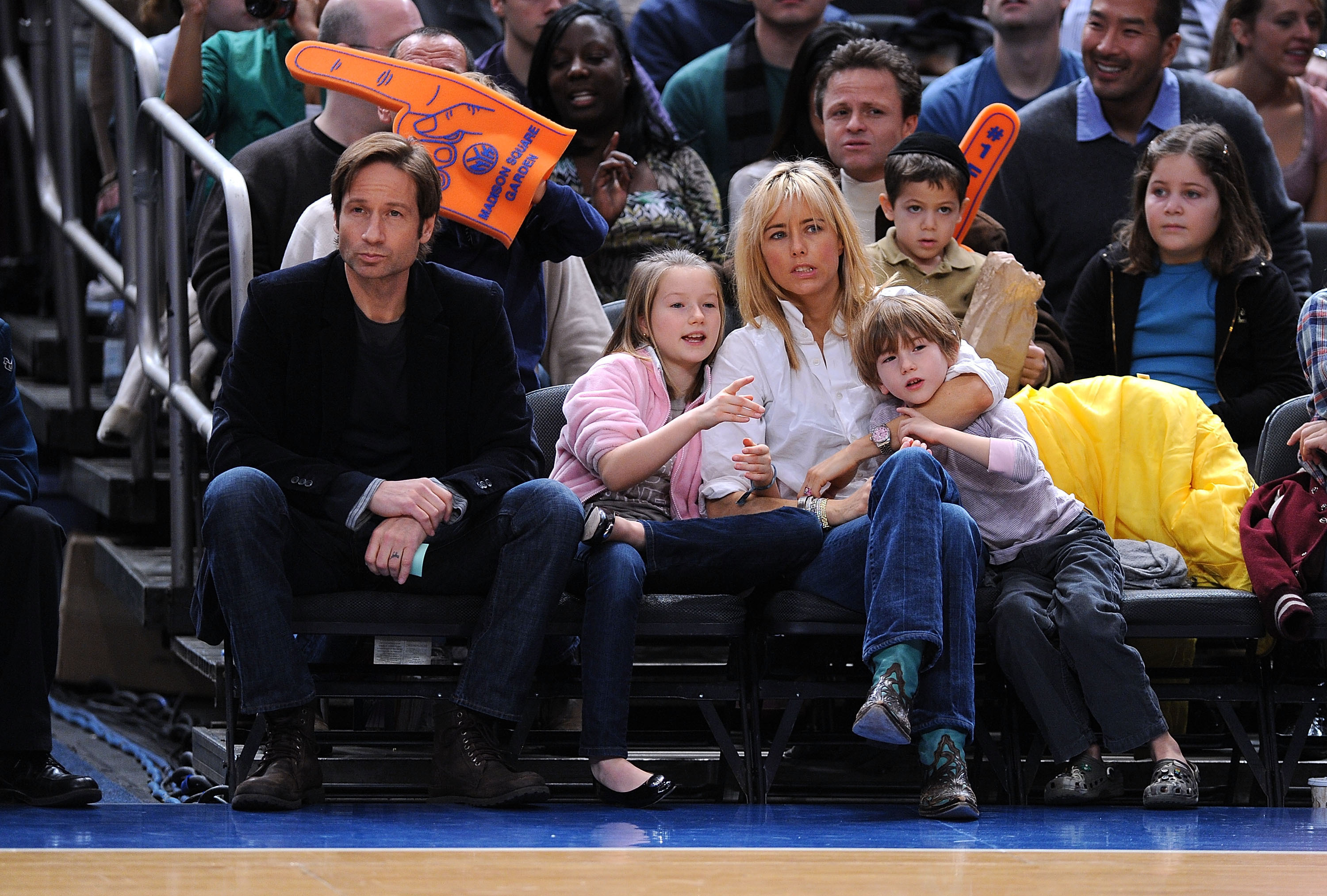 <p>David Duchovny and then-wife Tea Leoni brought their kids, daughter Madelaine West (then 9) and son Kyd Miller (then 6), to a Detroit Pistons vs. New York Knicks game at Madison Square Garden in New York City on Dec. 7, 2008.</p>