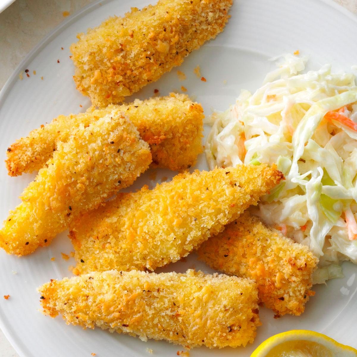 <p>I wanted a healthier approach to fish sticks and developed a baked tilapia with a slightly peppery bite. My husband and sons love the crispy coating. —Candy Summerhill, Alexander, Arkansas</p> <div class="listicle-page__buttons"> <div class="listicle-page__cta-button"><a href='https://www.tasteofhome.com/recipes/parmesan-fish-sticks/'>Go to Recipe</a></div> </div>