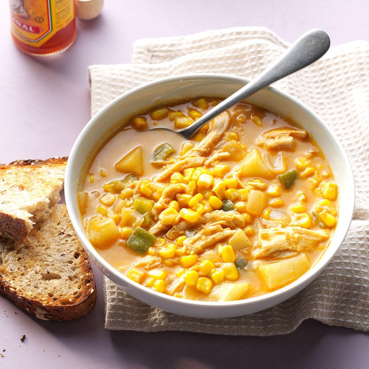 <p>Gently spiced corn chowder is always a good option for kids, but feel free to rev up yours with hot pepper sauce. This chowder’s a lifesaver on busy weeknights. —Andrea Early, Harrisonburg, Virginia </p> <div class="listicle-page__buttons"> <div class="listicle-page__cta-button"><a href='https://www.tasteofhome.com/recipes/zippy-chicken-and-corn-chowder/'>Go to Recipe</a></div> </div>