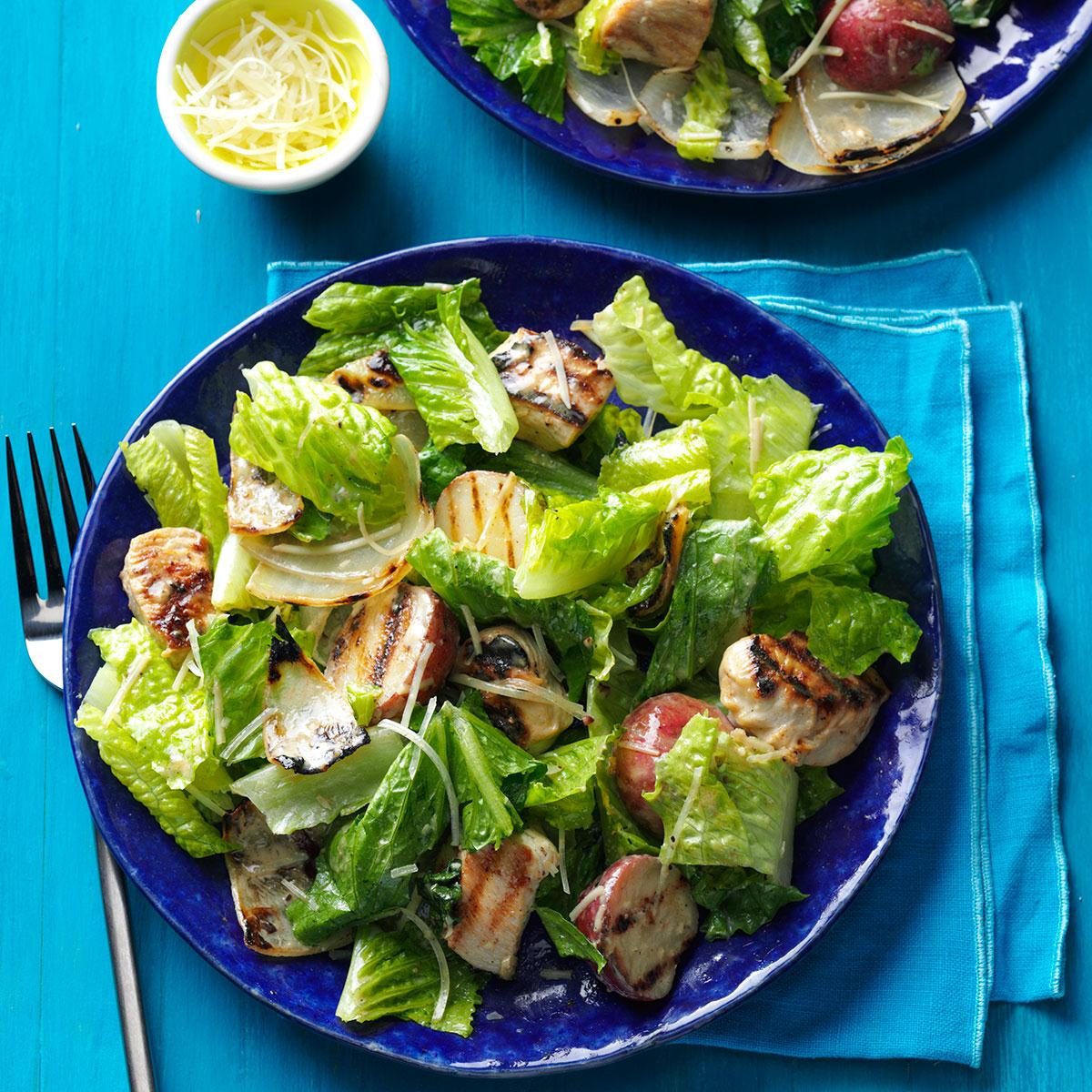 <p>My Caesar with grilled chicken is a healthier alternative to heavy meat and potatoes dishes. After grilling the kabobs, we serve them family style. —Melissa Adams, Tooele, Utah </p> <div class="listicle-page__buttons"> <div class="listicle-page__cta-button"><a href='https://www.tasteofhome.com/recipes/chicken-onion-caesar-salad/'>Go to Recipe</a></div> </div>