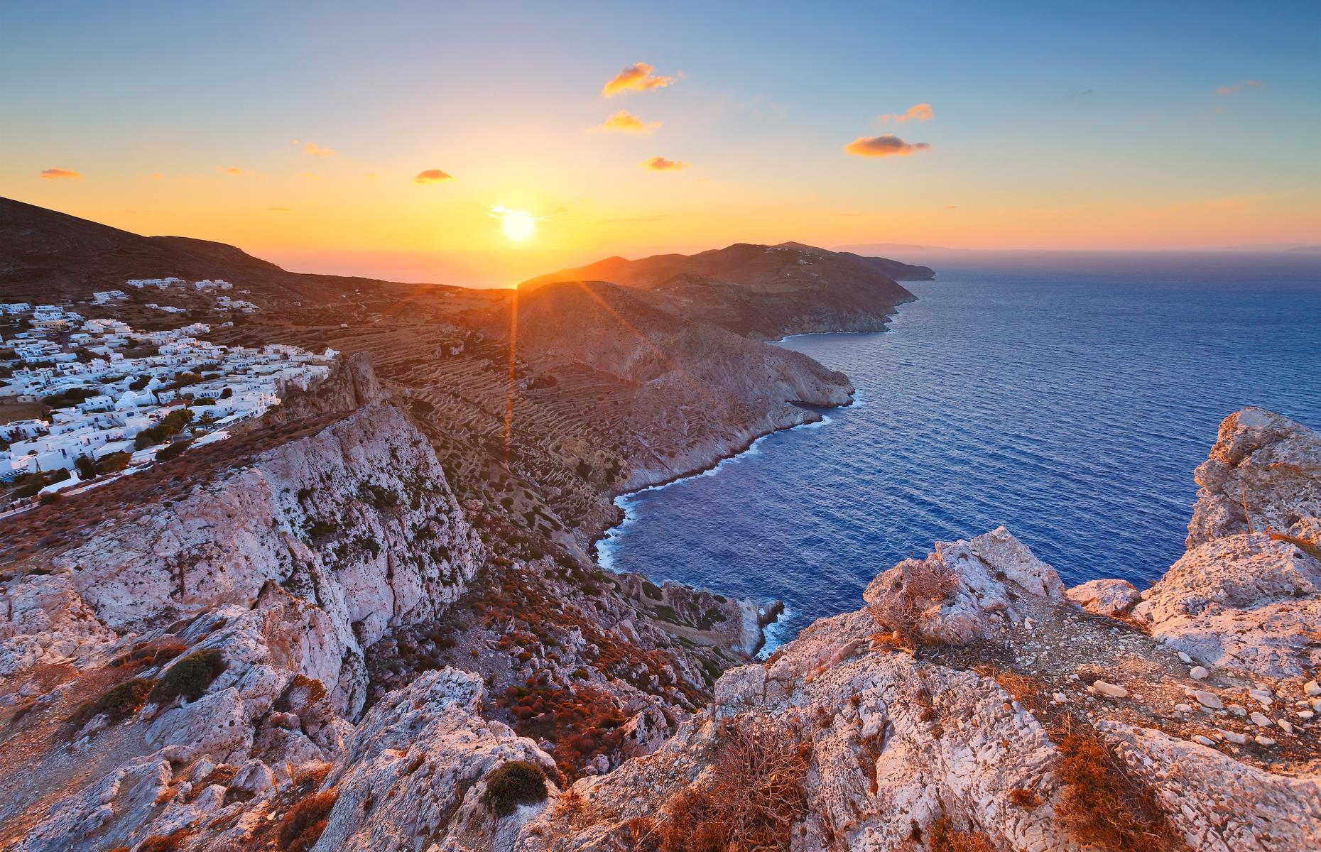 This 12-square-mile (32sq km) rocky island in the Cyclades is as far removed from thronged Santorini and Mykonos as you can imagine. With no direct flights or cruise ships, this is a place to retreat to for a slice of traditional Greek island life. Folegandros is on the ferry line from Piraeus to Santorini, or you can fly to Milos or Santorini and hop on the hour-long ferry. So if it's solo swims in the Aegean, sleepy days and unobscured sunset views you're after, look no further.