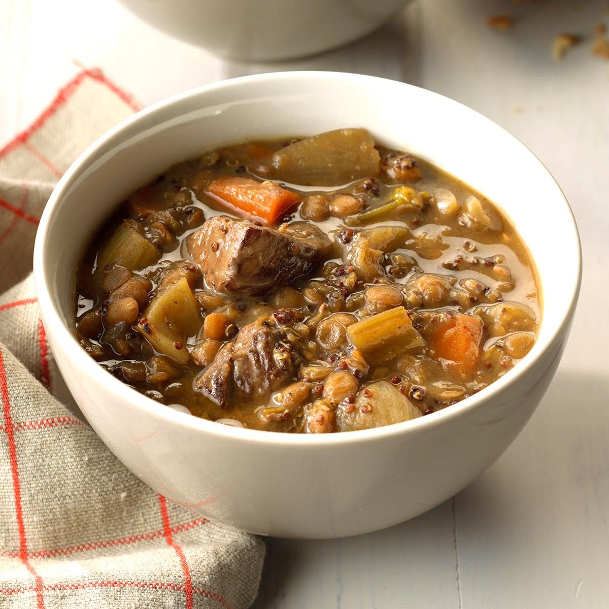 <p>My version of beef stew is comfort food with a healthy twist. I use lentils and red quinoa rather than potatoes. If leftover stew seems too thick, add more beef stock when reheating. —Margaret Roscoe, Keystone Heights, Florida</p> <div class="listicle-page__buttons"> <div class="listicle-page__cta-button"><a href='https://www.tasteofhome.com/recipes/ancient-grain-beef-stew/'>Go to Recipe</a></div> </div>