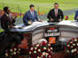 Jan 1, 2022; Pasadena, California, USA; From left: Desmond Howard, Rece Davis, David Pollack and Kirk Herbsteit on the ESPN College Gameday set during the 2022 Rose Bowl at Rose Bowl. Mandatory Credit: Kirby Lee-USA TODAY Sports