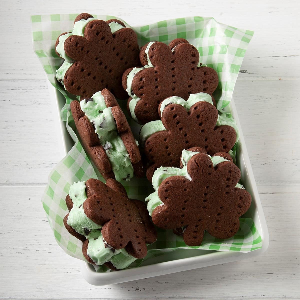 <p>With a soft, chewy chocolate cookie and festive mint shamrock ice cream, these fun desserts are a sweet delight on St. Patrick's Day. You can cut out the cookie wafers in any shape you choose and use any flavor ice cream. Try heart shapes for Valentine's Day filled with strawberry ice cream. —Beverly Coyde, Gasport, New York</p> <div class="listicle-page__buttons"> <div class="listicle-page__cta-button"><a href='https://www.tasteofhome.com/recipes/minty-ice-cream-shamrocks/'>Go to Recipe</a></div> </div>