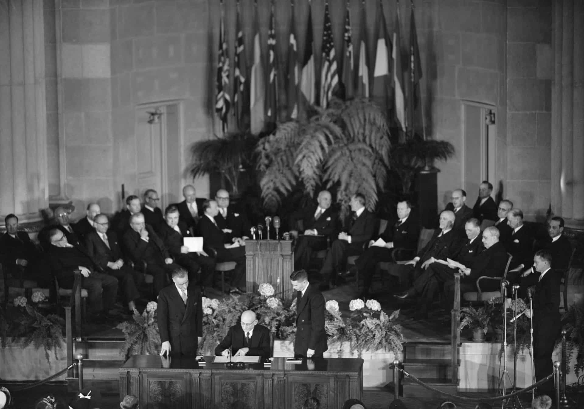 <p>The North Atlantic Treaty Organization (NATO) was formed on April 4, 1949 in Washington, D.C. It was created as a counterweight to Soviet armies stationed in central and eastern Europe after the Second World War.</p>