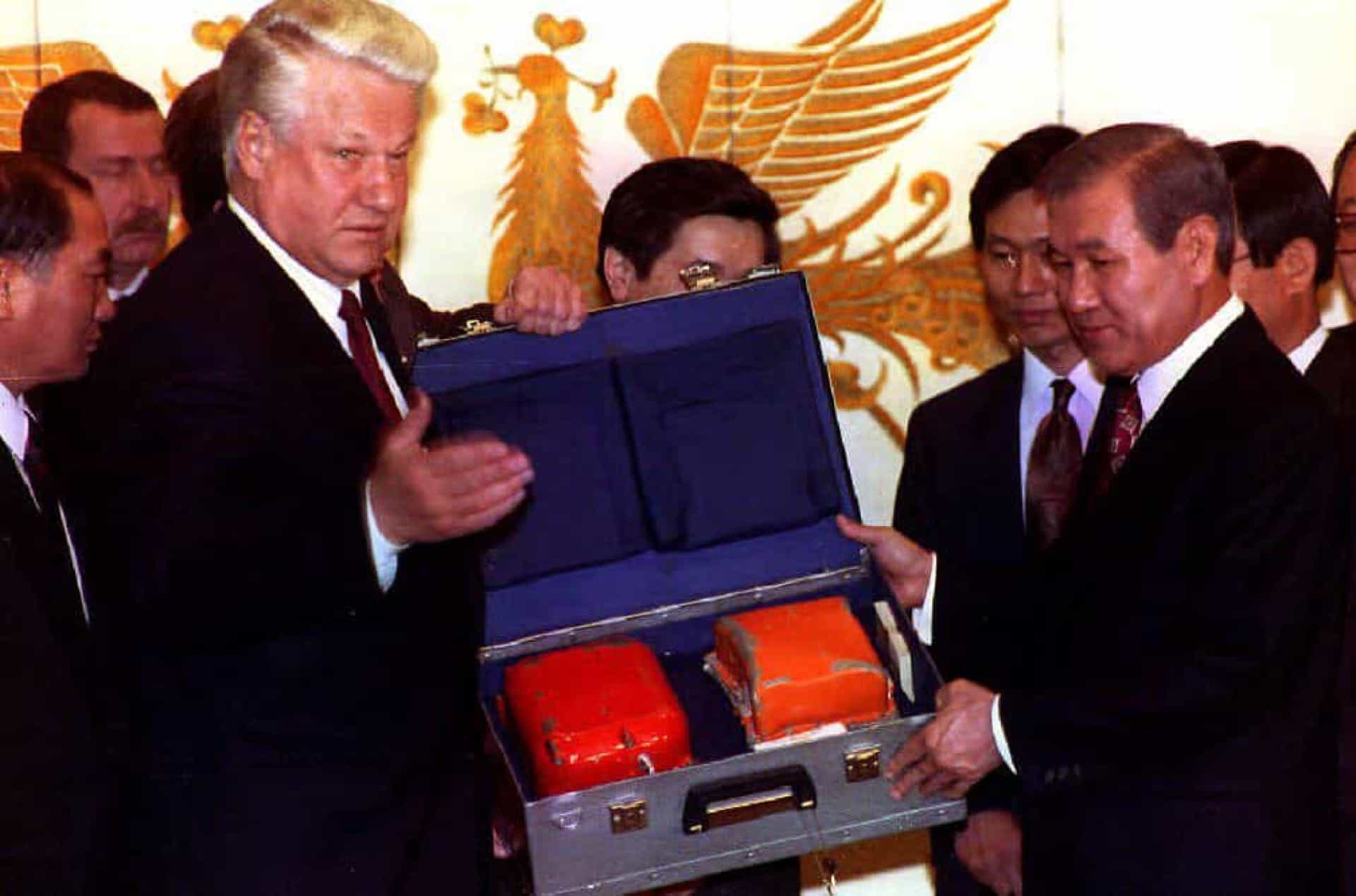 <p>In an incident that provoked global condemnation, a Korean Air Lines flight from New York to Seoul was shot down in 1983 by interceptor aircraft for violating Soviet airspace after the passenger plane veered off course. This prompted the United States to allow worldwide access to its Global Positioning System, or GPS. The Korean jet's flight recorders were secretly recovered by the Russians, but it was only in 1992 that the "black boxes" were handed back to Korean officials. President Boris Yeltsin is pictured handing the devices to Korean President Roh Tae-Woo.</p>