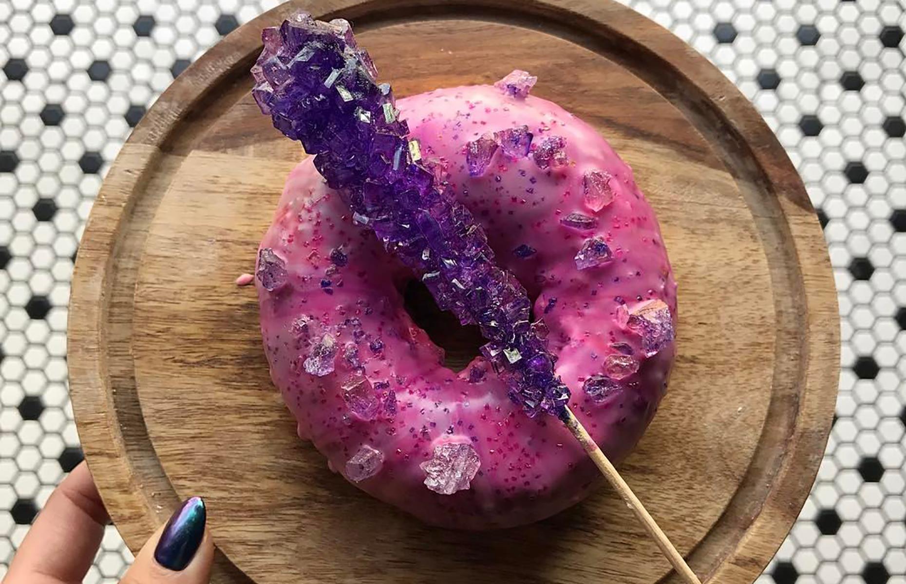 <p>In 2017, Los Angeles’ coffee, fried chicken and donut shop <a href="https://birdieschickensandwich.com/menu-donuts/">Birdies</a> launched this limited-edition (and wonderfully vibrant) Rock Candy Donut. Glazed in marbled pink frosting and decorated with an edible purple crystal, it looks almost too pretty to eat. Almost... Other colorful creations from Birdies include the star-sprinkled Galaxy and Pistachio Thyme, in an appealing Tiffany blue.</p>