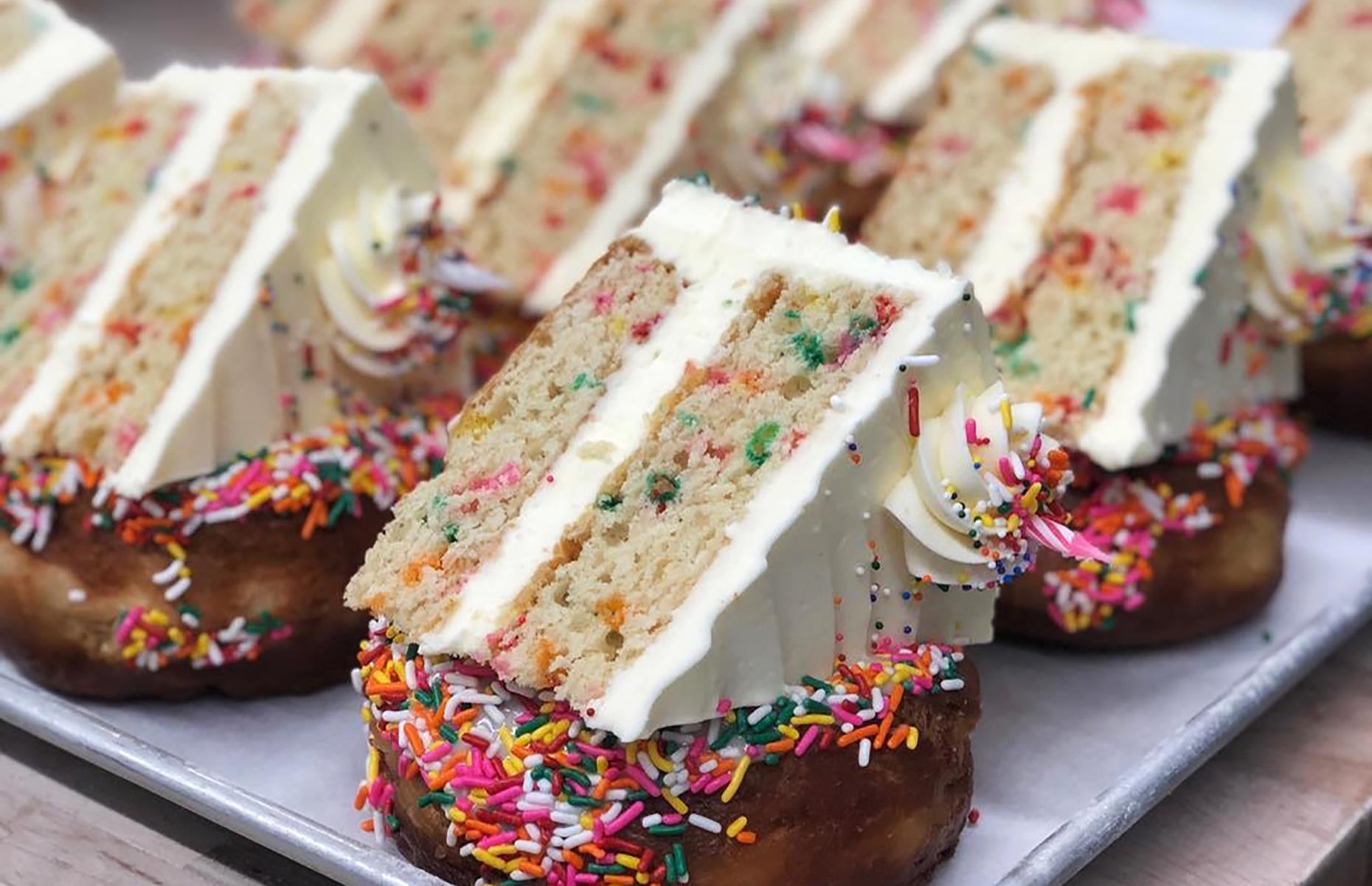 <p>Nothing says 'happy birthday' to a donut-lover like a chocolate-glazed donut topped with a slice of funfetti –<span> a type of cake with rainbow sprinkles baked in, sometimes called a confetti cake. </span>That's the philosophy at <a href="https://www.pvdonuts.com/">PVDonuts</a>, anyway, and the result is a donut so huge it might have to be shared (or scoffed by one person over a couple sittings). The Providence donut shop is best-known for brioche styles and has a rotating menu of delicious and often lavish creations.</p>