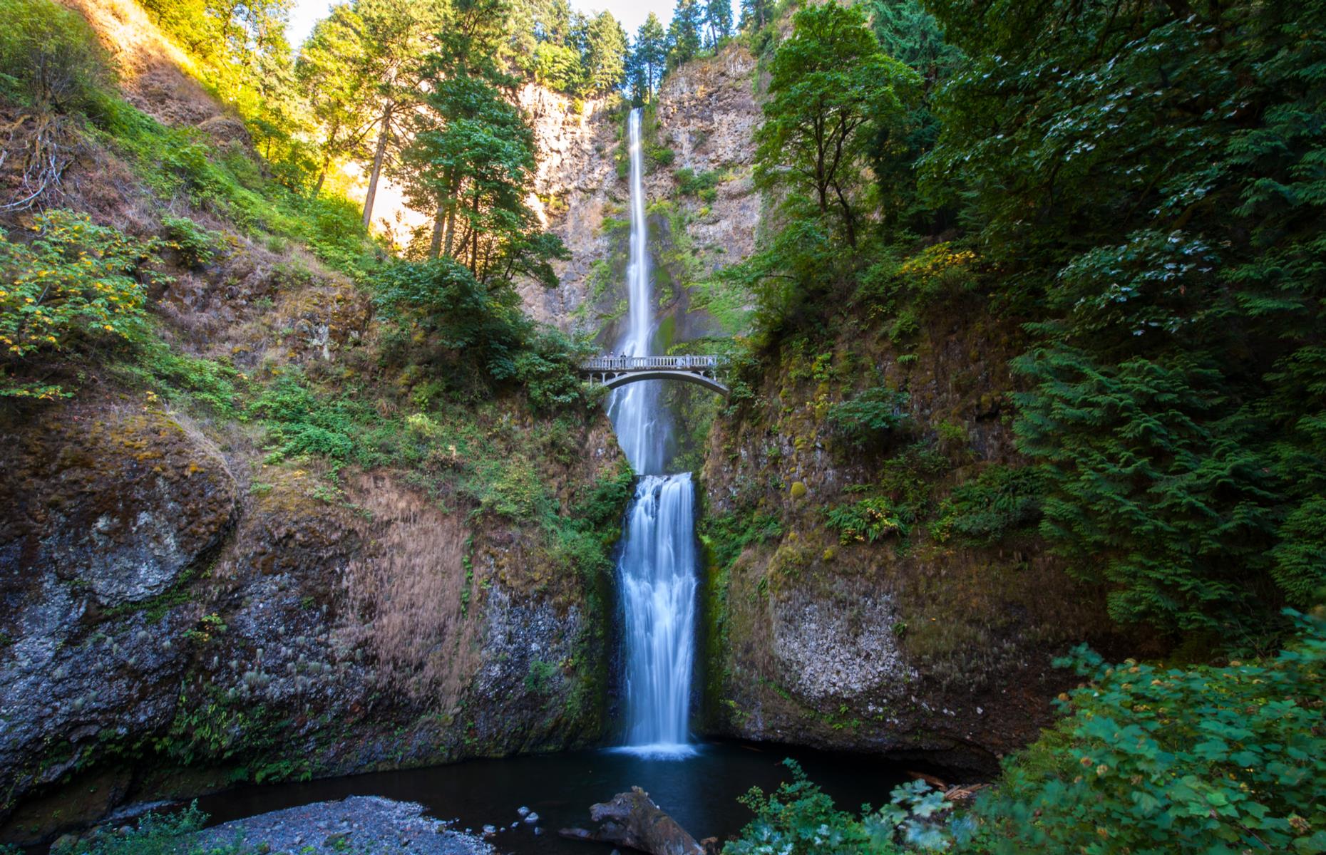<p>The most majestic waterfalls are usually reached via long hikes or long treks through forests. But this lofty beauty is right by the roadside. The upper portion of <a href="https://www.fs.usda.gov/recarea/crgnsa/recarea/?recid=30026">Multnomah Falls</a> can even be viewed from the Historic Columbia River Highway. The cascade crashes from 611 feet (186m), with a stone bridge – built in 1914 – spanning its width.</p>  <p><a href="https://www.loveexploring.com/galleries/96880/americas-most-beautiful-waterfalls"><strong>Discover more of America's most beautiful waterfalls</strong></a></p>