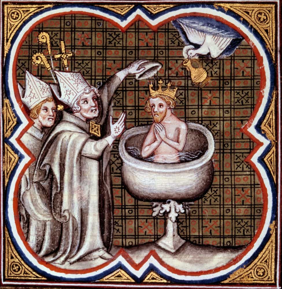 Slide 4 de 31: O Espírito Santo representado como uma pomba apareceu quando o rei pagão do povo Franco, Clóvis, foi batizado como cristão. Mas esta não foi a primeira vez que a pomba foi usada para representar o Espírito Santo.