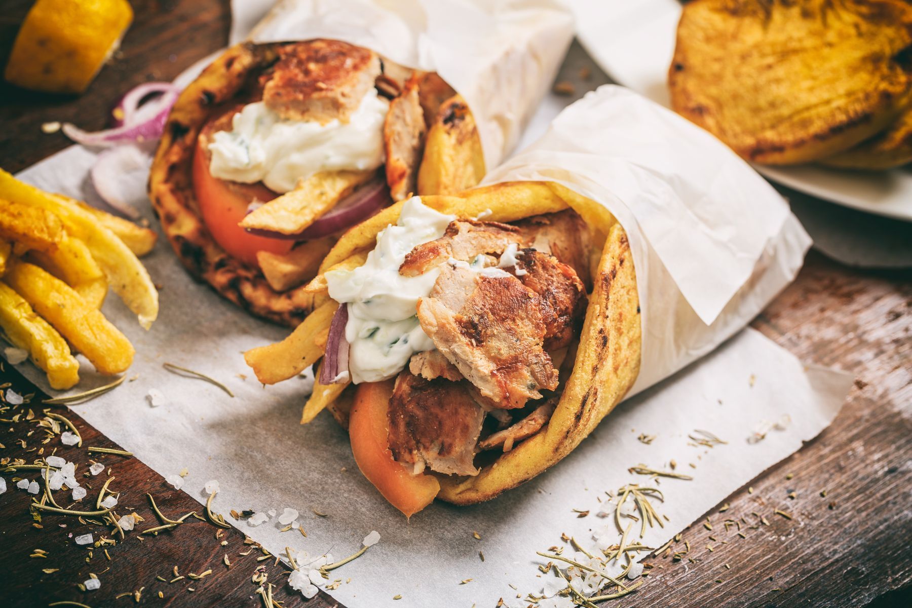 <p>Whether they’re pork, beef, or chicken, <a href="https://www.realgreekrecipes.com/gyros-recipe/">gyros</a> are even better with a few fries added to your pita!</p>