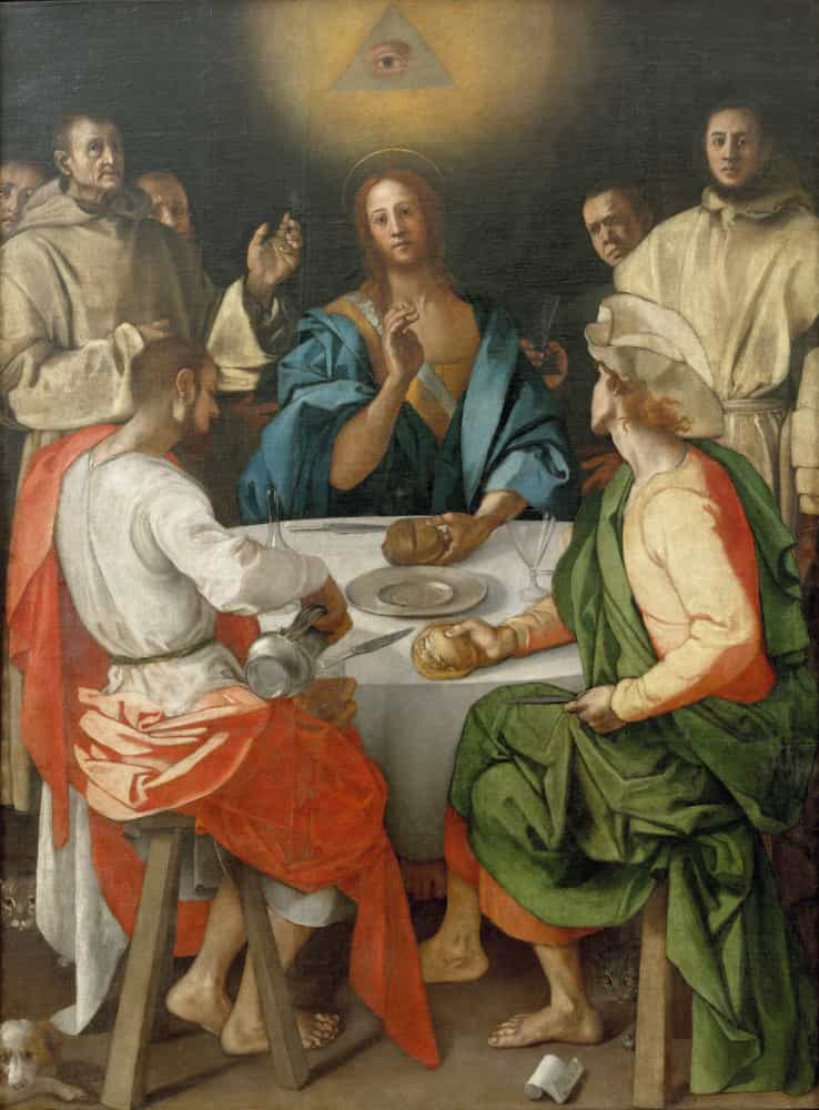Slide 12 de 31: Um exemplo inclui a pintura de 1525 'Ceia em Emaús' do pintor italiano Pontormo.