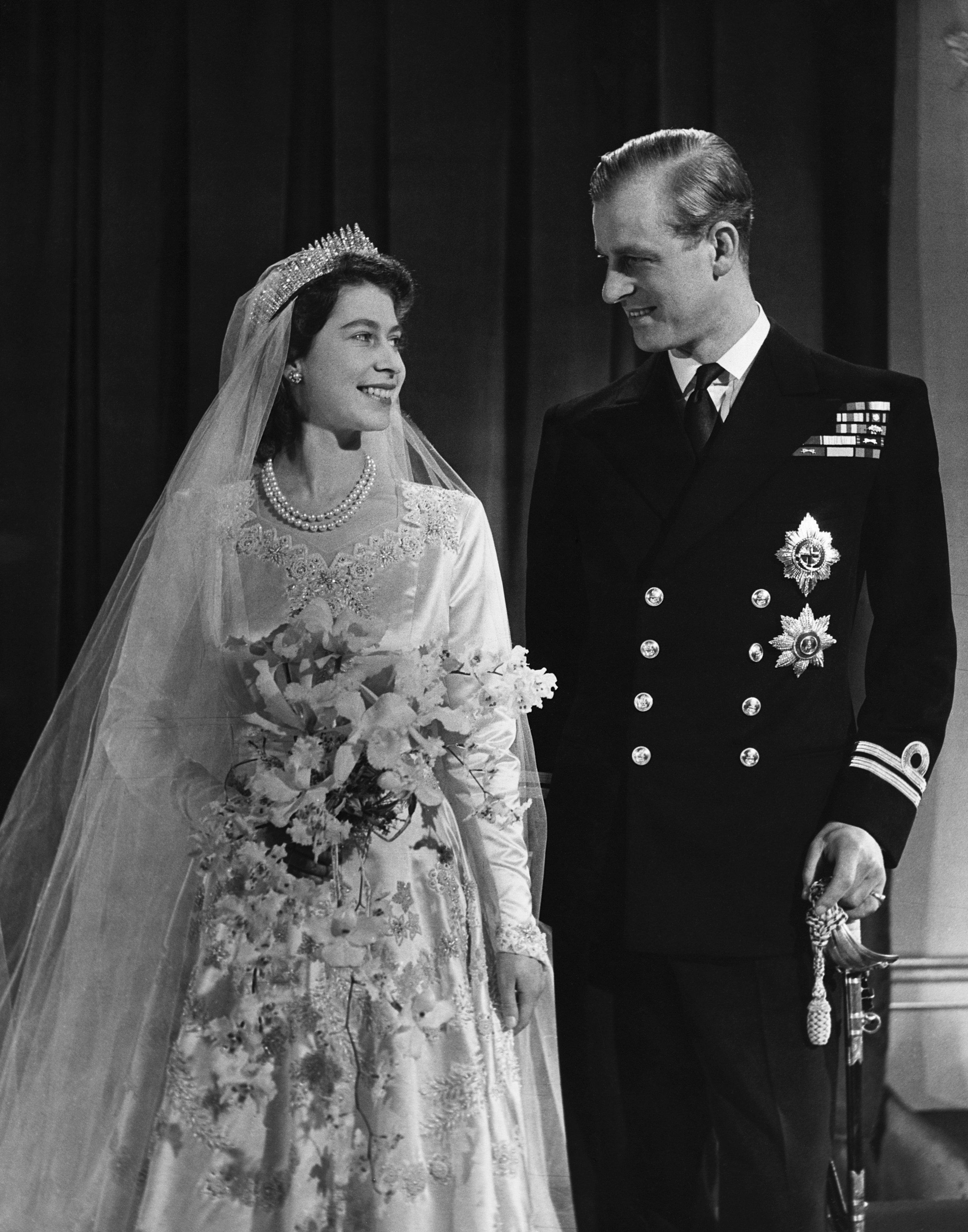 <p>Princess Elizabeth (later Queen Elizabeth II) posed with her new husband Prince Philip, Duke of Edinburgh, on their wedding day -- Nov. 20, 1947.</p>