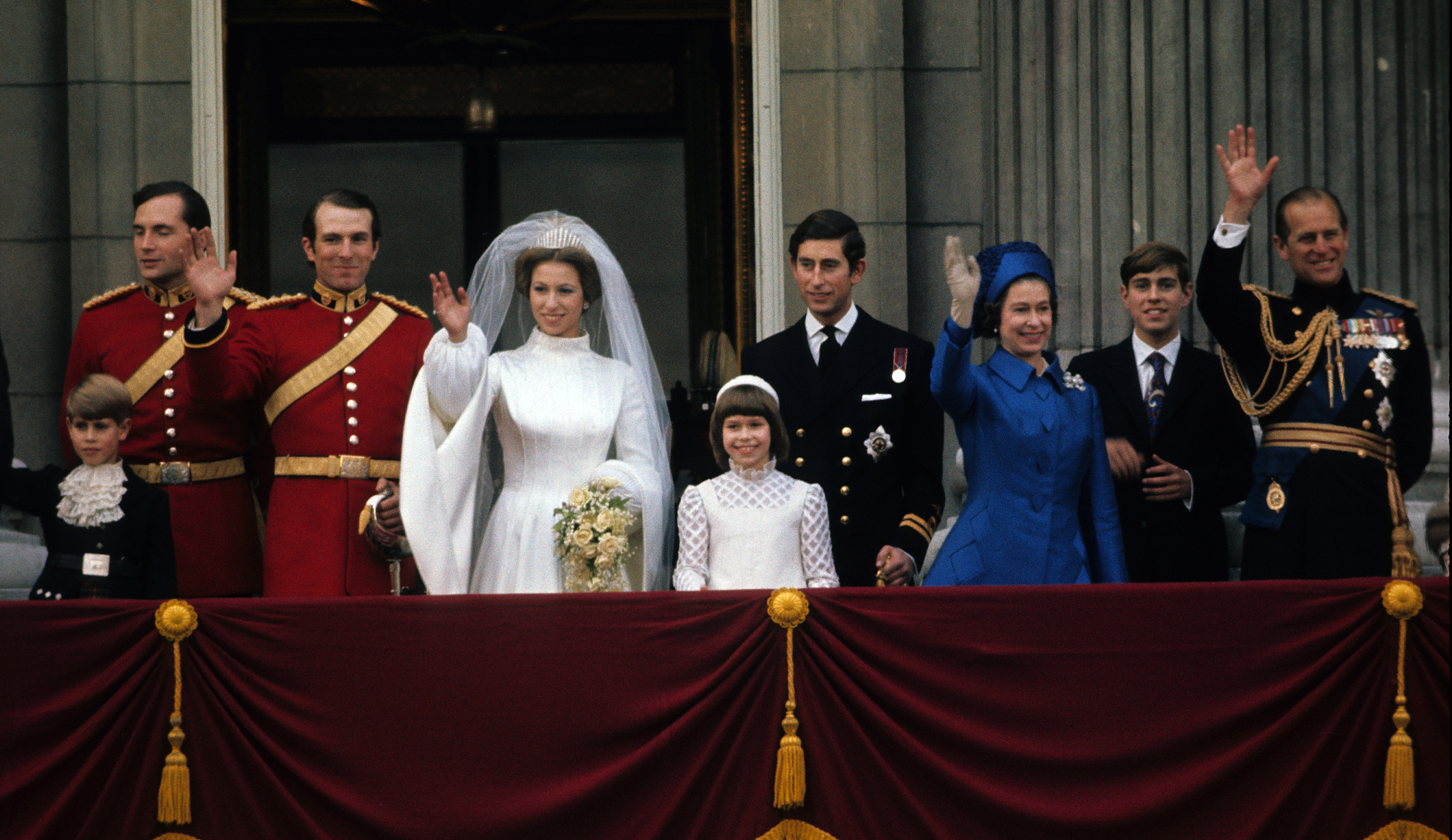 <p>Princess Anne and new husband Captain Mark Phillips were joined on the balcony at Buckingham Palace in London by family members including the bride's mother, Queen Elizabeth II, father Prince Philip, brothers Prince Charles, Prince Andrew and Prince Edward and cousin Lady Sarah Armstrong-Jones following Anne's wedding on Nov. 14, 1973.</p>