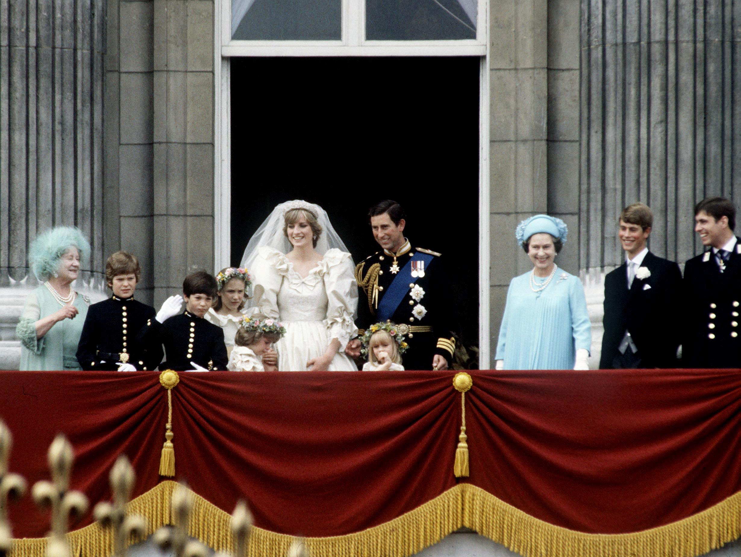 <p>Following their wedding on July 29, 1981, Prince Charles and Princess Diana posed on the balcony of Buckingham Palace in London with their bridesmaids and pageboys as well as family members including Queen Elizabeth II, Queen Elizabeth the Queen Mother, Prince Edward and Prince Andrew.</p>
