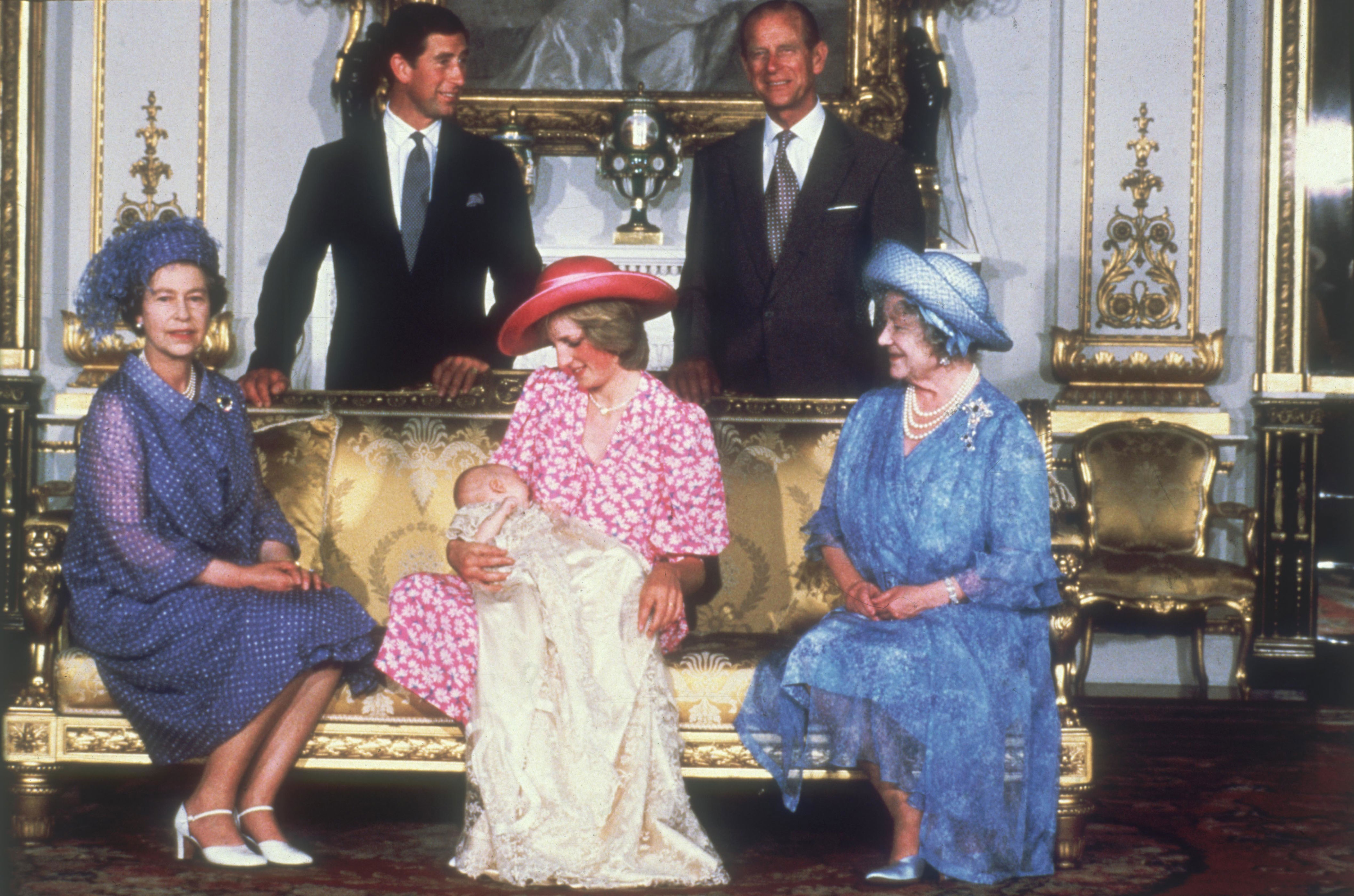 <p>Queen Elizabeth II posed for a family photo alongside daughter-in-law Princess Diana -- seen holding son <a href="https://www.wonderwall.com/celebrity/profiles/overview/prince-william-482.article">Prince William</a> after his christening -- mother Queen Elizabeth the Queen Mother, son Prince Charles and husband Prince Philip at Buckingham Palace in London on Aug. 4, 1982.</p>