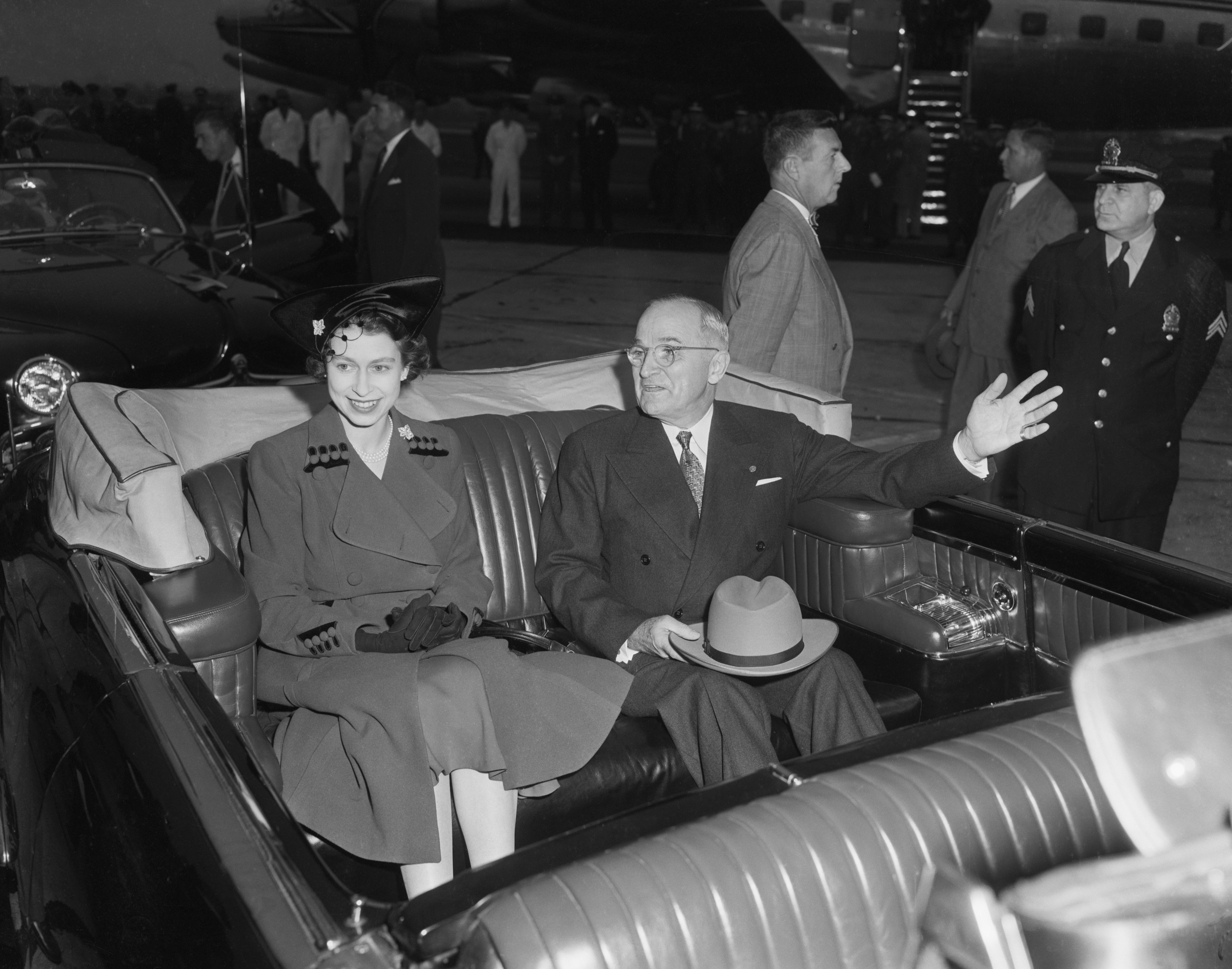 <p>President Harry S. Truman and Britain's Princess Elizabeth (later Queen Elizabeth II) were photographed as their motorcade got underway following a reception ceremony at Washington National Airport in Washington, D.C., on Oct. 31, 1951. It marked the future monarch's first trip to America.</p>
