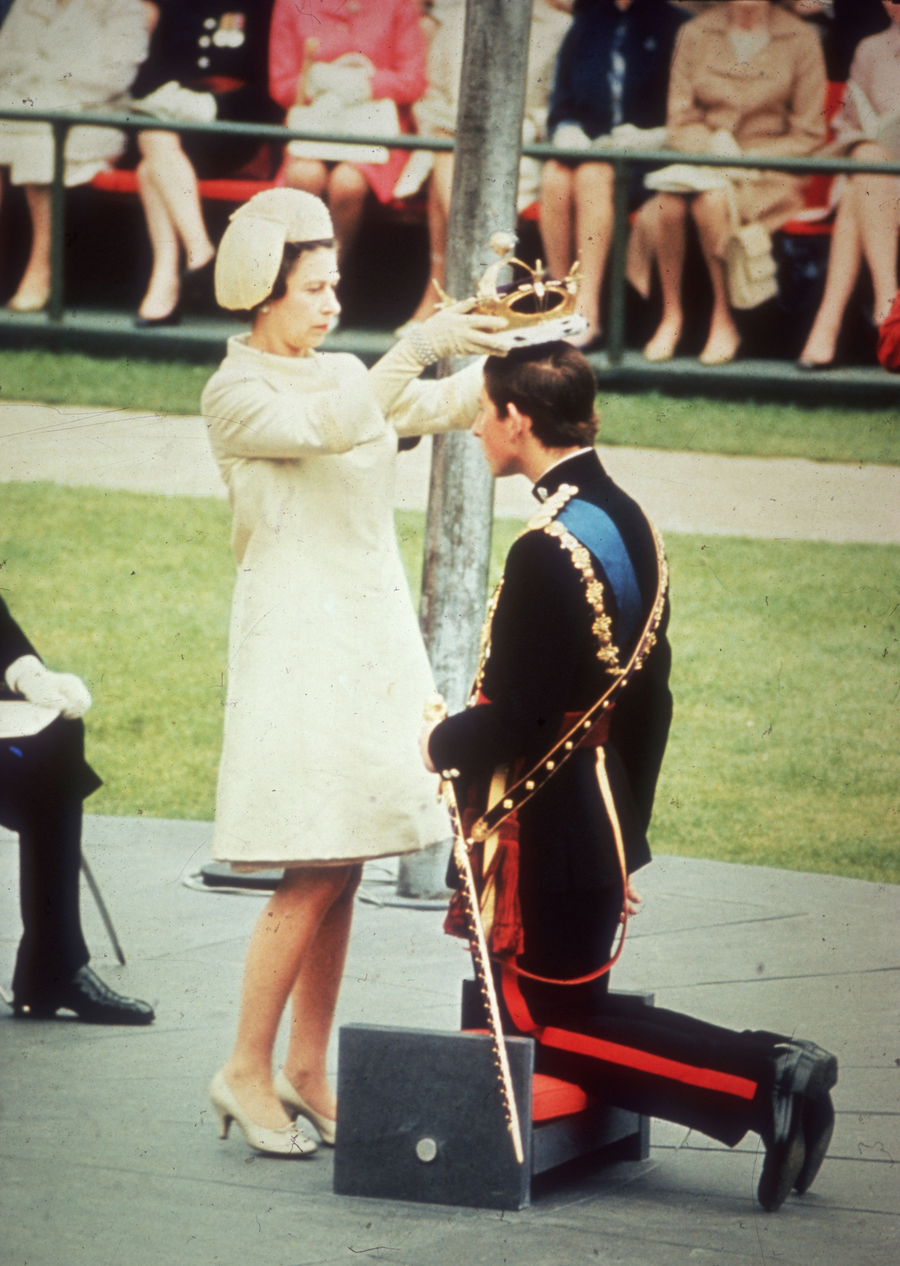 <p>Queen Elizabeth II crowned her eldest child Charles, Prince of Wales during his Prince of Wales investiture ceremony at Caernarvon Castle in Wales on July 1, 1969.</p>