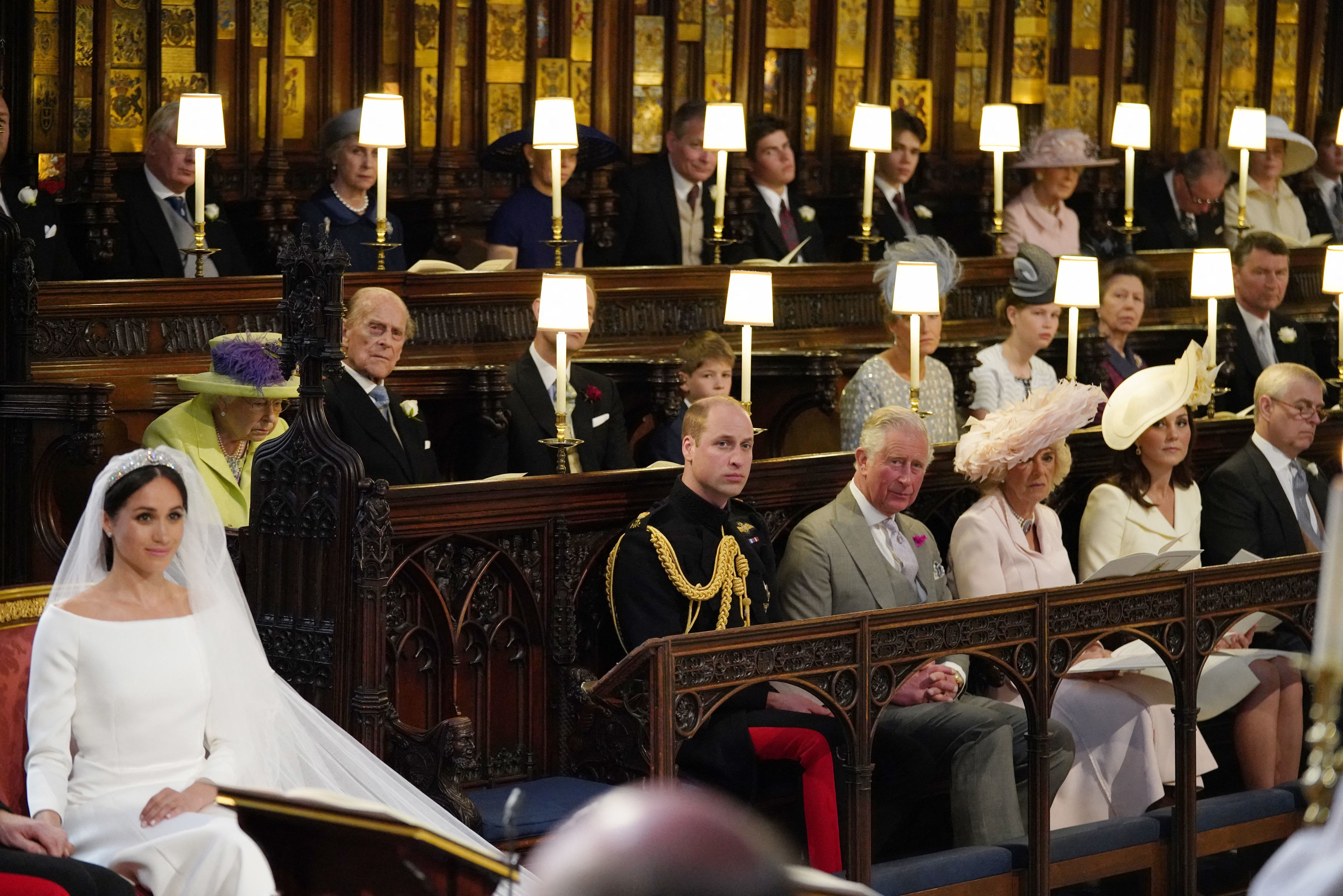 <p>Queen Elizabeth II and other members of the royal family looked on as grandson <a href="https://www.wonderwall.com/celebrity/profiles/overview/prince-harry-481.article">Prince Harry</a> married Meghan Markle in St. George's Chapel at Windsor Castle in Windsor, England, on May 19, 2018.</p>